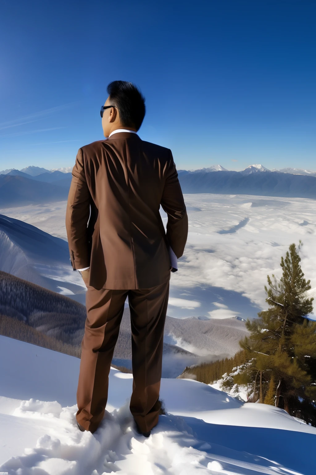 best qualtiy, A high resolution, A middle-aged Asian man,super wide shot,Ultra vision,(posterior view:2.0),Low Angle Lens,in a panoramic view,(hilltop:1.5),(snow mountains:1.2),(Place both hands behind your back),((brown suit)),Robust,(head looking up)brunette color hair