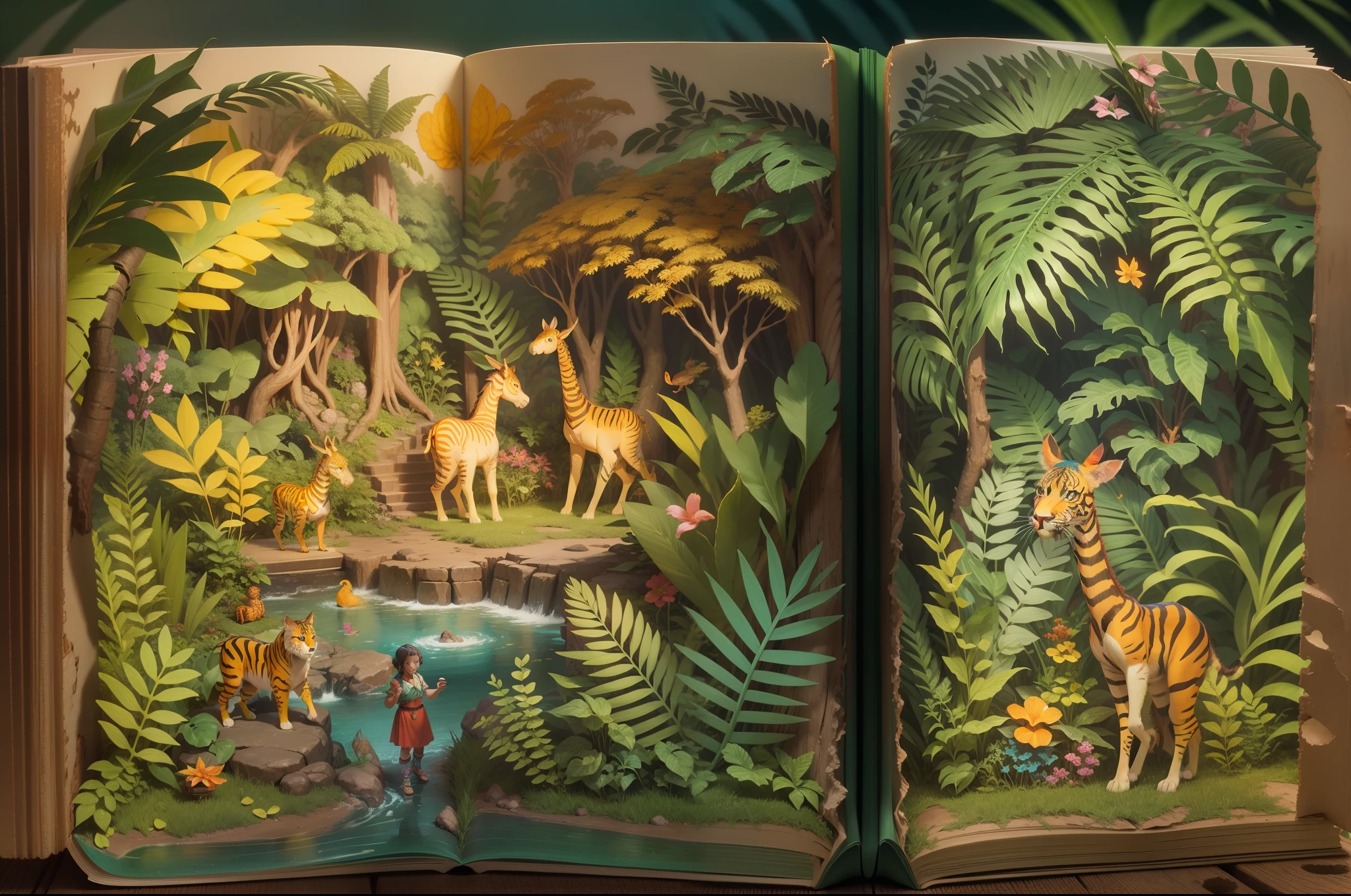 （popup book：1.5），（Jungle adventure），（plethora of colors，Best quality，detail detail，tmasterpiece，folk art，Cinematic lighting effects，4K，Chiaroscuro）