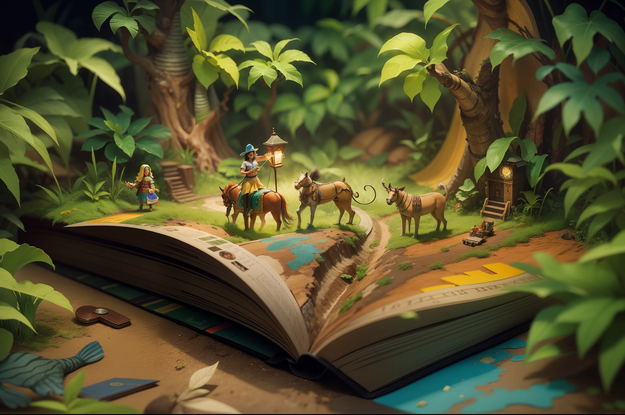 (popup book:1.5),(Jungle adventure),(plethora of colors,Best quality,detail detail,tmasterpiece,folk art,Cinematic lighting effects,4K,Chiaroscuro)