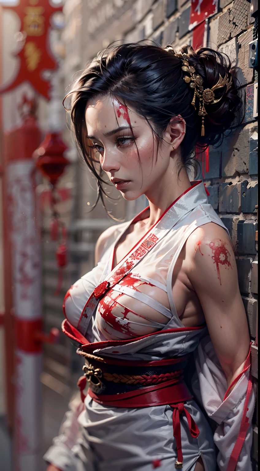 A Japanese woman who kills without blinking in a martial arts gym,barechested,Tattoo exposure,Japan Female Samurai,He was bandaged,angry look,Mixed Korean,The background is blurred out,focal,电影灯光,(((tmasterpiece))), ((best qualtiy)), ((Complex and detailed)), ((ultra-realistic realism)), Ridiculous resolution, A MILF, Mature woman, ssee-through, highly detailed, illustratio, 1girll, (huge tit), Thin waist and thick hips,long leges,beatiful detailed eyes, short detailed hair, brunette color hair, a purple eye, The movie kills Billey's character,Blood stained the martial arts hall red,The body was splattered with blood,The ground was covered with corpses,Hands clenched into fists,Put on a fighting move,Scarred figure,Bloody violence,Sexy and feminine,(No underwear),pantiess, detailed back ground, perfect eyes, Seductive eye, looking at viewert,