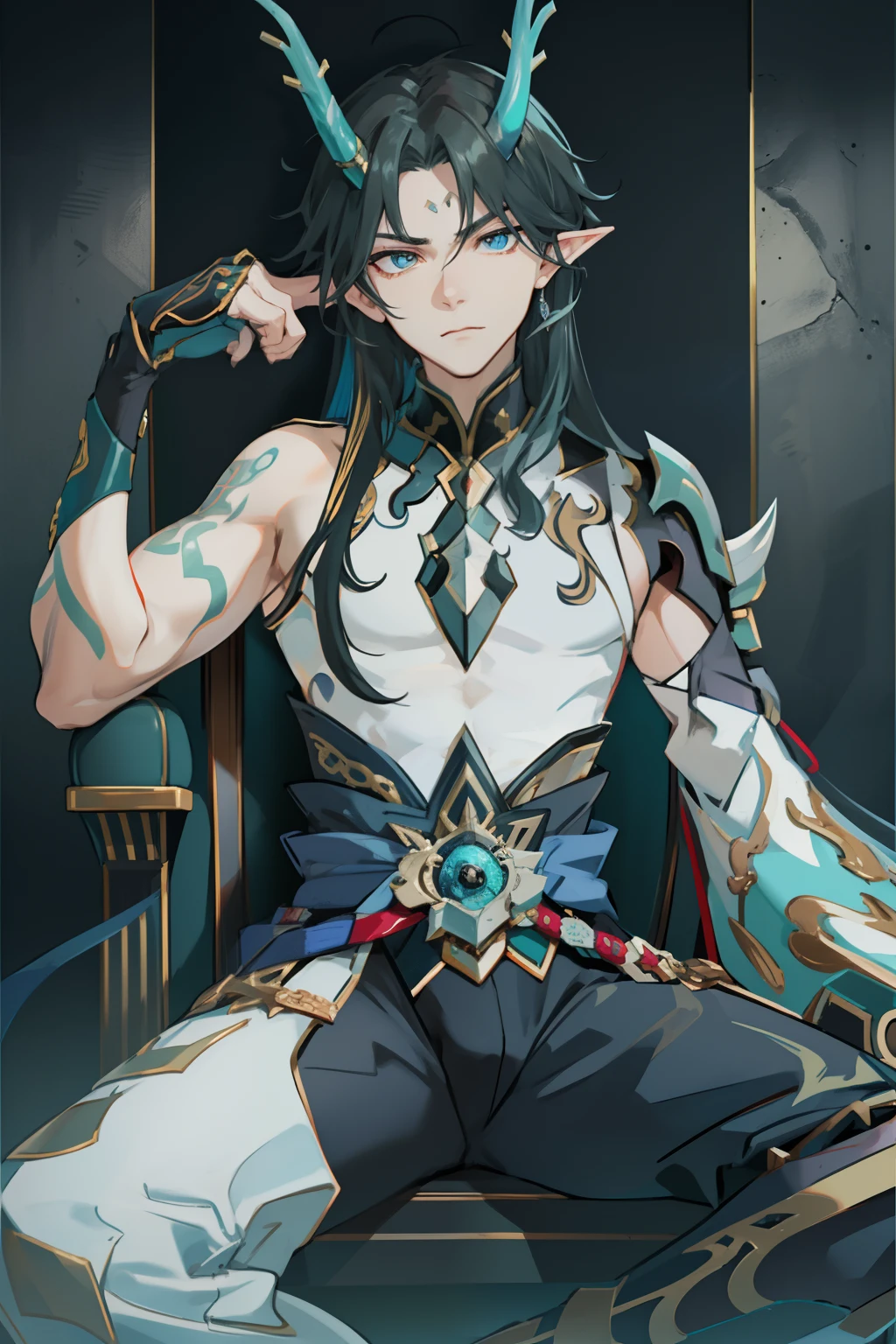 (absurderes,A high resolution,Hyper-detailing,hdr),Dragon's horn,younge boy,tmasterpiece,best qualtiy,1人,独奏,Handsome,Golden eyes,Fine eyes and detailed face,toppless,Tattooed with,arma,seated on a throne,Indifferent and arrogant,Abs,chest muscle,Raised sexy,Ruffian,Show your temperament,Male,masculine appeal,Male characteristics are distinct,Long messy hair,Arrogant,self-assured,Sitting majestically on the throne,Pondering,Legs crossed,white pantie,supreme,Lazy,Handsome,