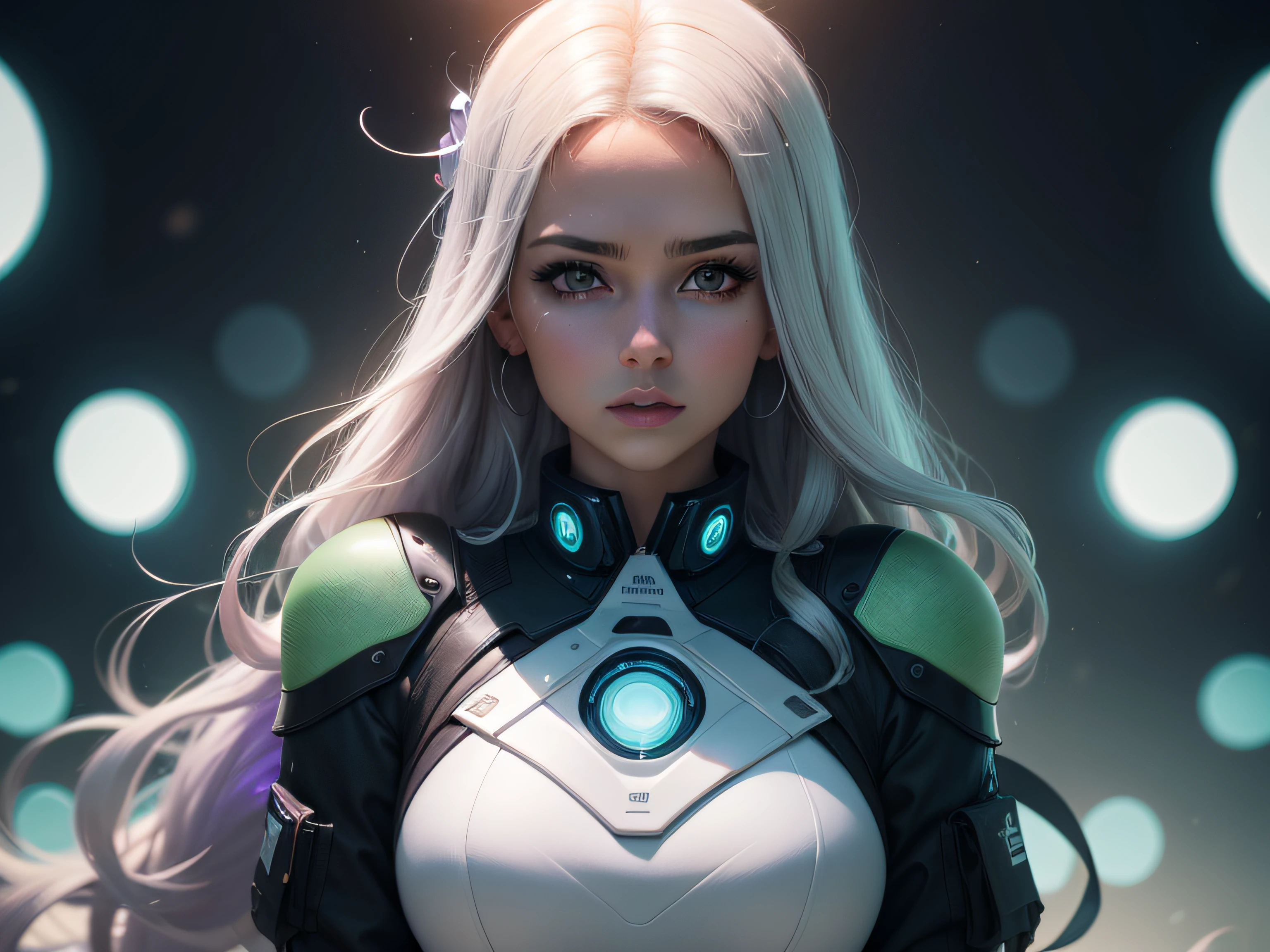 Crea una mujer, una profesional y ejecutiva del mundo informatico, inteligente, atractiva y empoderada. Viste con blusa blanca y falta corta sobre la rodilla, It also uses lenses of a lot of futuristic style.
Al fondo luces bokeh, en tonos azules, verdes y violetas.