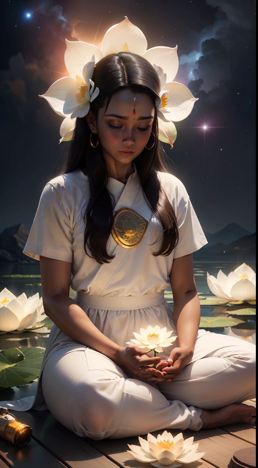 Sombra de uma pessoa de pele morena, normal physical size, Brazilian Dencedence, sitting in a meditation position dressed in long white clothes, spiritual lighting, connection with spirituality, sitting on top of a white lotus flower and a tube of light descending from the sky to his head and illuminating his forehead with the background of the universe, (realista, fotorrealista: 1.37), profesional lighting, photon maping, radiosidade, 8k, perfect undistorted face