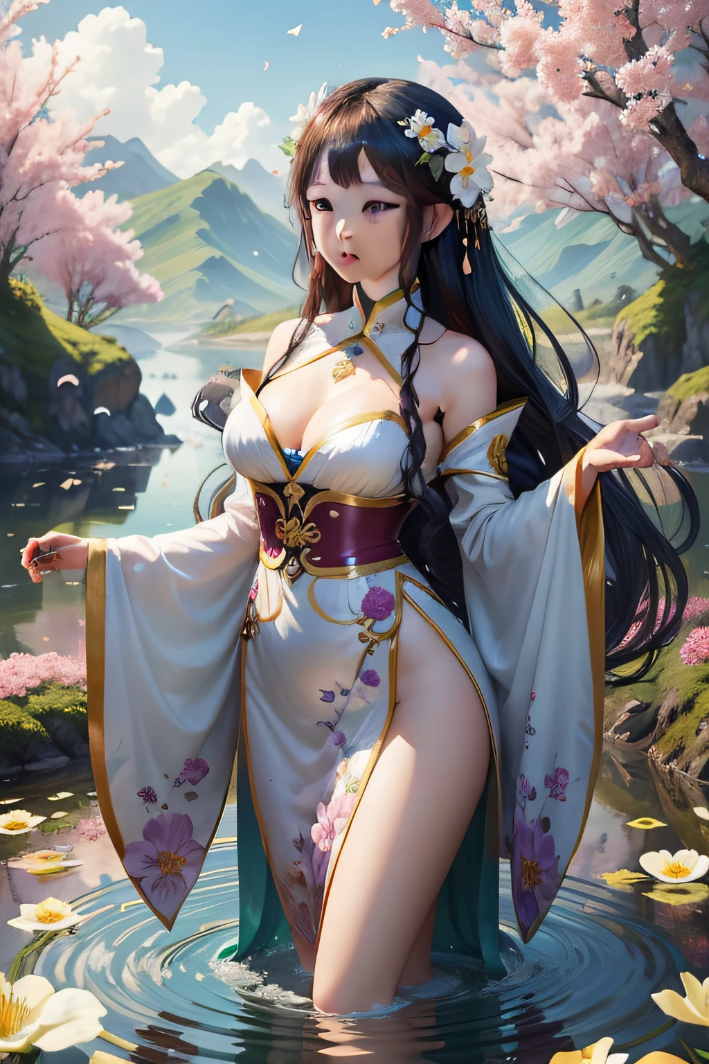 Under the bright spring sun,A costumed goddess dressed in gorgeous Chinese costumes,Standing quietly in the sea of mountains and rivers and flowers。Her face is beautiful,Like orchids in the valley,Immortal overflow。Wearing a lilac silk dress,With a gentle swing,It gives a dreamlike feeling。
Her hair was coiled,Decorated with gold and emerald hairpins,Elegant and dignified。The tassels on the forehead sparkle in the sun,It further highlights her noble temperament。Her eyes are like clear lake water,It's a year to be。
The surrounding sea of flowers is like a huge picture scroll,Luxuriant peonies、Delicate lilies、Fragrant jasmine flowers intertwine,Colorful ocean formation。Floral fragrance pervades,Intoxicating。The goddess stood quietly in the sea of flowers,As if integrated with these flowers,It's like a perfect landscape painting。
The sun shone on her face through the gaps in the leaves,It was like giving her a soft glow。A fresh breeze blew through,Her long dress fluttered in the wind,Like fairies under mortals。Butterflies dance among the flowers,It seems to be providing her with a beautiful dance。
The whole scene is breathtakingly beautiful,It's like a wonderland on earth。The goddess of Hanfu stands in the sea of mountains and rivers and flowers,It gives the feeling of traveling through time and space,Let people immerse themselves in this beautiful picture。