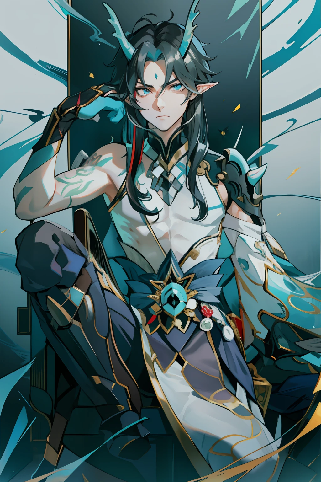 (absurderes,A high resolution,Hyper-detailing,hdr),Dragon's horn,younge boy,tmasterpiece,best qualtiy,1人,独奏,Handsome,Golden eyes,Fine eyes and detailed face,toppless,Tattooed with,arma,seated on a throne,Indifferent and arrogant,Abs,chest muscle,Raised sexy,Ruffian,Show your temperament,Male,masculine appeal,Male characteristics are distinct,Long messy hair,Arrogant,self-assured,Sitting majestically on the throne,Pondering,Legs crossed,white pantie,supreme,Lazy,Handsome,