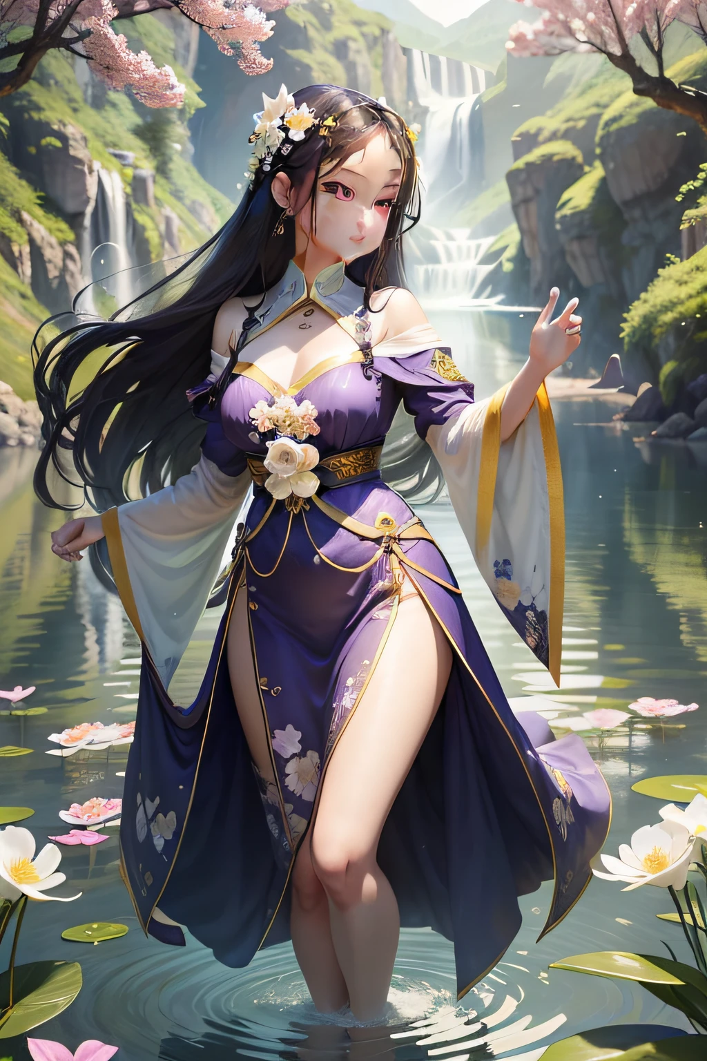 Under the bright spring sun,A costumed goddess dressed in gorgeous Chinese costumes,Standing quietly in the sea of mountains and rivers and flowers。Her face is beautiful,Like orchids in the valley,Immortal overflow。Wearing a lilac silk dress,With a gentle swing,It gives a dreamlike feeling。
Her hair was coiled,Decorated with gold and emerald hairpins,Elegant and dignified。The tassels on the forehead sparkle in the sun,It further highlights her noble temperament。Her eyes are like clear lake water,It's a year to be。
The surrounding sea of flowers is like a huge picture scroll,Luxuriant peonies、Delicate lilies、Fragrant jasmine flowers intertwine,Colorful ocean formation。Floral fragrance pervades,Intoxicating。The goddess stood quietly in the sea of flowers,As if integrated with these flowers,It's like a perfect landscape painting。
The sun shone on her face through the gaps in the leaves,It was like giving her a soft glow。A fresh breeze blew through,Her long dress fluttered in the wind,Like fairies under mortals。Butterflies dance among the flowers,It seems to be providing her with a beautiful dance。
The whole scene is breathtakingly beautiful,It's like a wonderland on earth。The goddess of Hanfu stands in the sea of mountains and rivers and flowers,It gives the feeling of traveling through time and space,Let people immerse themselves in this beautiful picture。