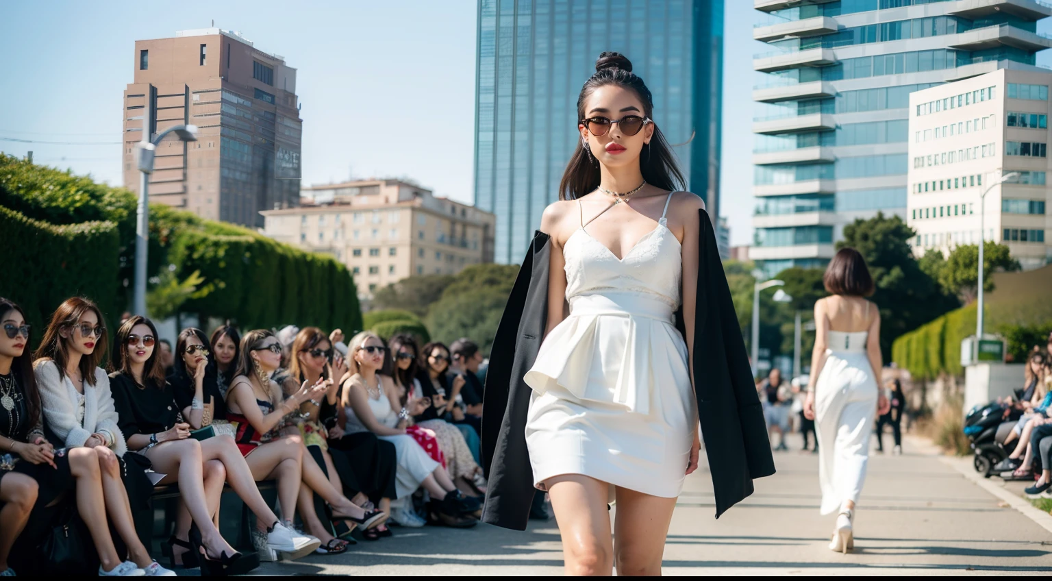 um desfile de moda conceitual, Temporada surreal, Fashion influencer trends, pessoas normais urbanas, Trend in Fashio magazine