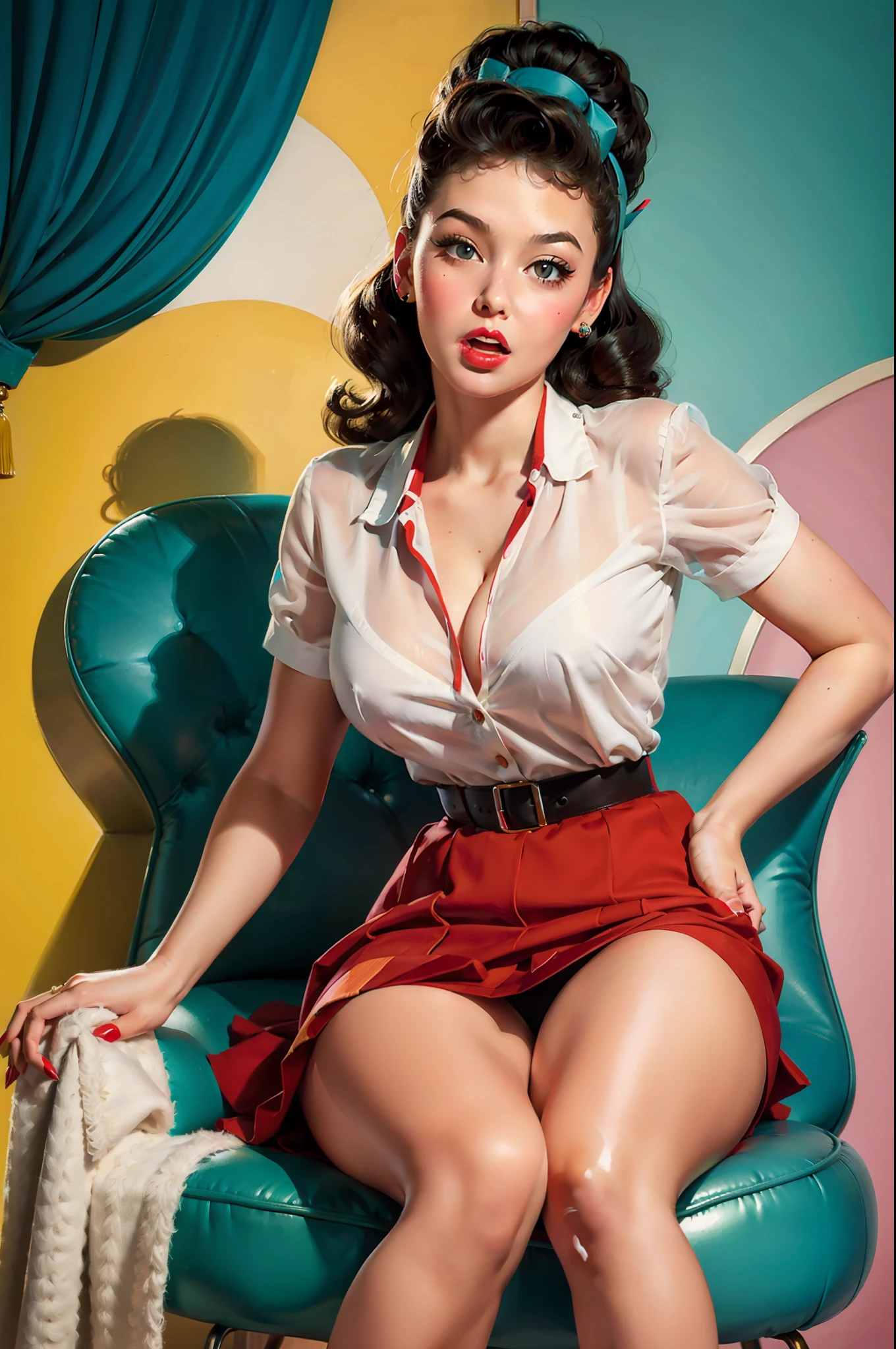 20 years old girl sitting on the chair, vintage, retro pin up style,sexy, mouth O, surprised, up skirt, flowing skirt, colorful , masterpieces, illustrated,