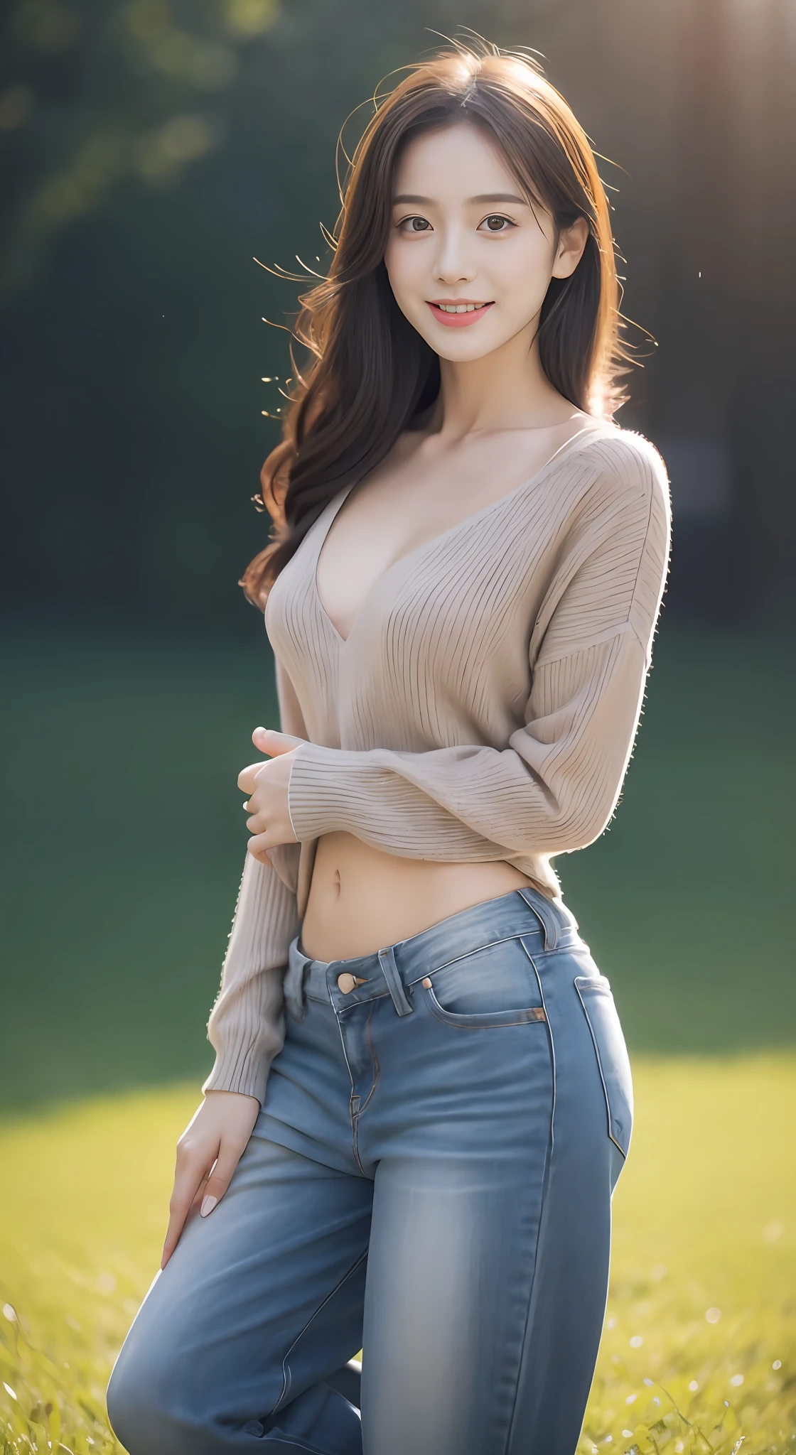 (rain, grassy fields: 1.3), 1 beautiful woman taking pictures on the grass,RAW photos,tmasterpiece,(highdetailskin:1.2),8k ultra high definition,digital SLR camera,gentlesoftlighting,high high quality,filmgrain,富士XT3,20 years old Asian woman,Gray skinny sweater(Slim,Fit snugly to the body)and crop top fashion jeans,Detailed clothing details:1.5,perfect body figure,Perfect breasts and nipple bulge,The calves are straight and slender,((Branded fashion travel shoes:1.5)),Super detailed facial details and skin,Fair face and fair skin,二重まぶた,Super detailed eyes,A sweet smile,Beautiful accessories,(Gloss on lips, eyeslashes, Glossy face, Best quality, Super high resolution, warm color,Wide lighting, naturalshadow), Sit on the grass and play,Pose coquettishly,Show off your sexy figure, Full body shooting: 1.8