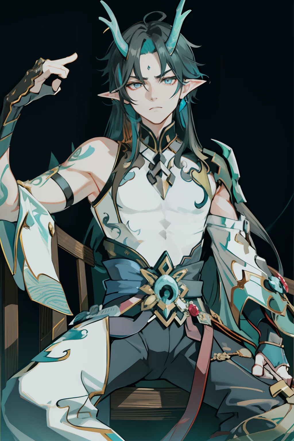 (absurderes,A high resolution,Hyper-detailing,hdr),Dragon's horn,younge boy,tmasterpiece,best qualtiy,1人,独奏,Handsome,Golden eyes,Fine eyes and detailed face,toppless,Tattooed with,arma,seated on a throne,Indifferent and arrogant,Abs,chest muscle,Raised sexy,Ruffian,Show your temperament,Male,masculine appeal,Male characteristics are distinct,Long messy hair,Arrogant,self-assured,Sitting majestically on the throne,Pondering,Legs crossed,white pantie,supreme,Lazy,Handsome,