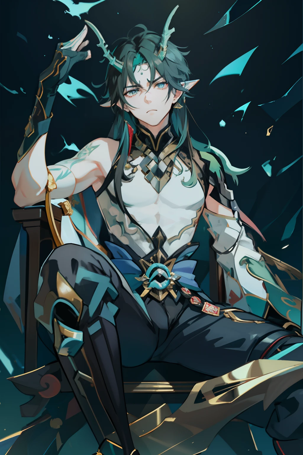 (absurderes,A high resolution,Hyper-detailing,hdr),Dragon's horn,younge boy,tmasterpiece,best qualtiy,1人,独奏,Handsome,Golden eyes,Fine eyes and detailed face,toppless,Tattooed with,arma,seated on a throne,Indifferent and arrogant,Abs,chest muscle,Raised sexy,Ruffian,Show your temperament,Male,masculine appeal,Male characteristics are distinct,Long messy hair,Arrogant,self-assured,Sitting majestically on the throne,Pondering,Legs crossed,white pantie,supreme,Lazy,Handsome,