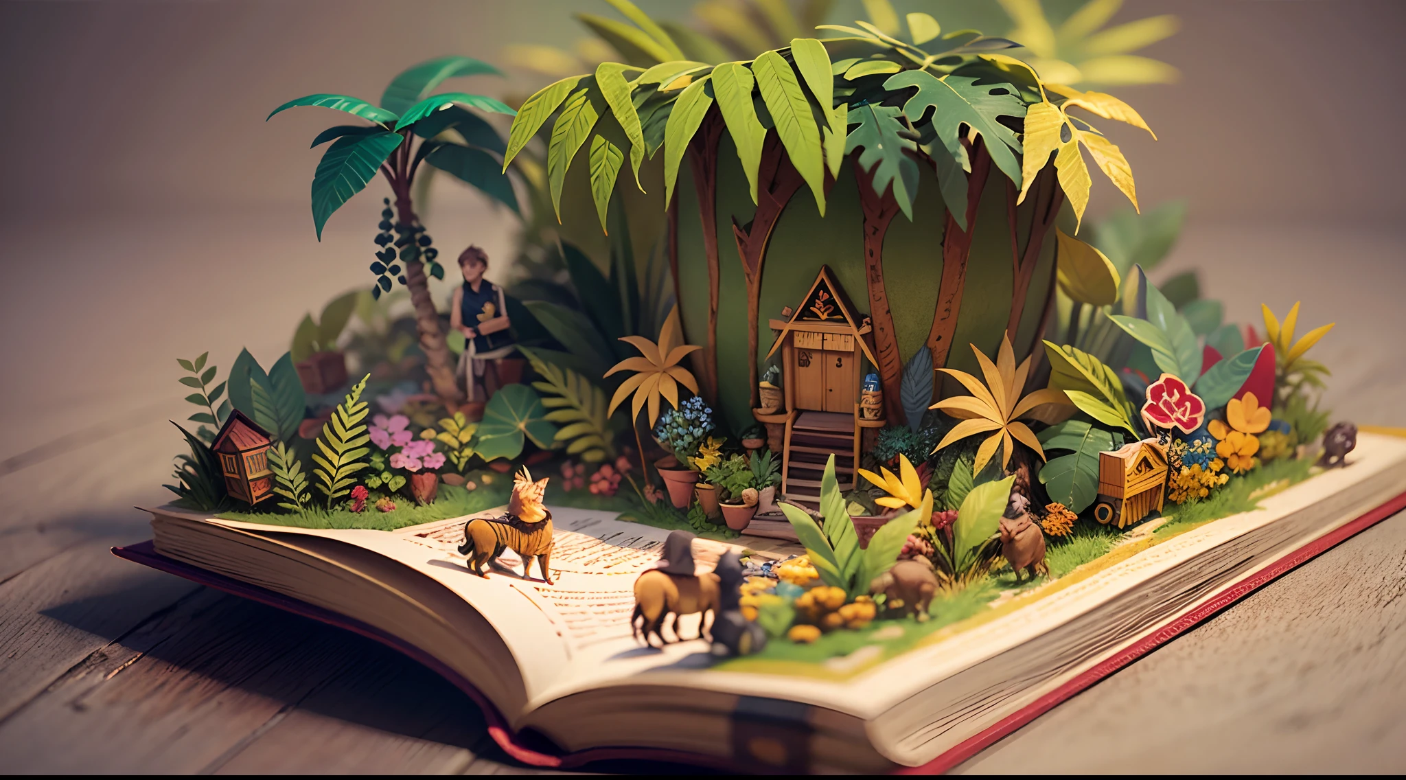 (popup book:1.5),(Jungle adventure),(plethora of colors,Best quality,detail detail,tmasterpiece,folk art,Cinematic lighting effects,4K,Chiaroscuro)