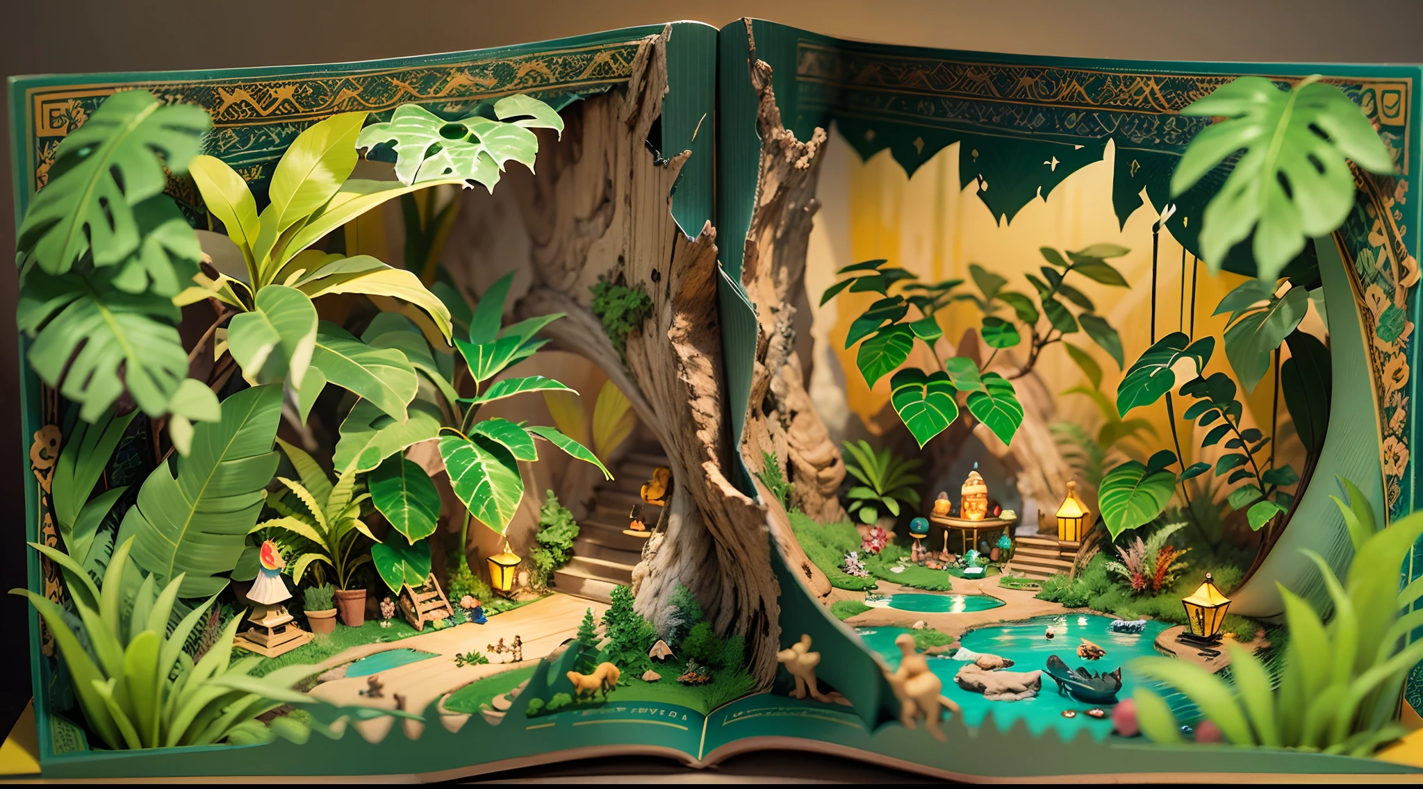 （popup book：1.5），（Jungle adventure），（plethora of colors，Best quality，detail detail，tmasterpiece，folk art，Cinematic lighting effects，4K，Chiaroscuro）