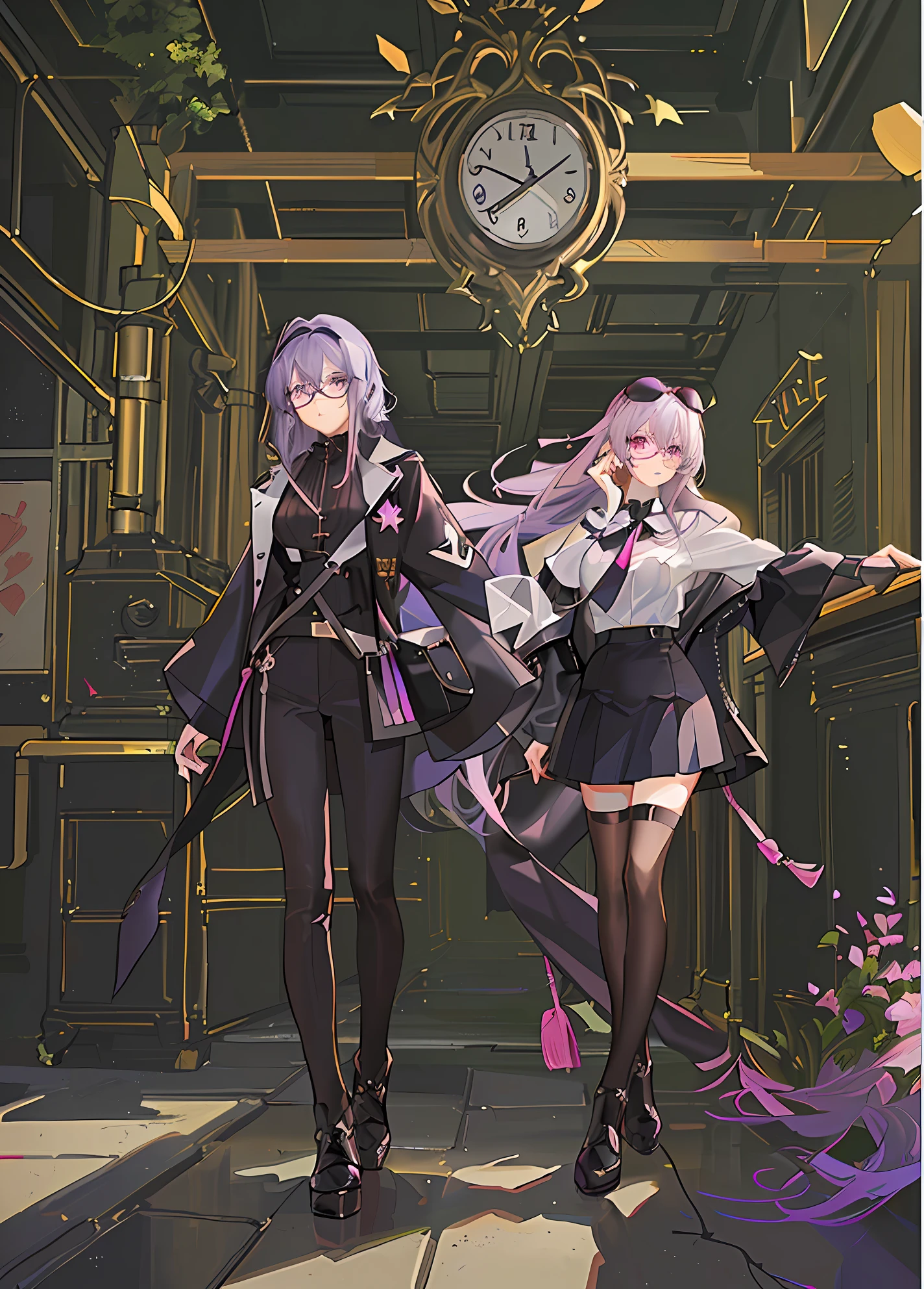 (tmasterpiece,best qualityer),1个Giant Breast Girl,white shirt,Wear glasses on your head,Pale color background, purple hair, pink eyes, sunglasses, hair between eyes, eyewear on head star-kafka, -- anime