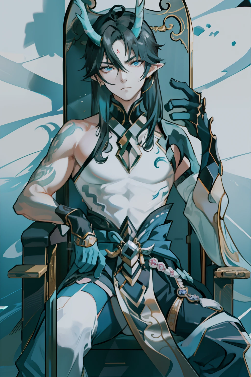 (absurderes,A high resolution,Hyper-detailing,hdr),Dragon's horn,younge boy,tmasterpiece,best qualtiy,1人,独奏,Handsome,Golden eyes,Fine eyes and detailed face,toppless,Tattooed with,arma,seated on a throne,Indifferent and arrogant,Abs,chest muscle,Raised sexy,Ruffian,Show your temperament,Male,masculine appeal,Male characteristics are distinct,Long messy hair,Arrogant,self-assured,Sitting majestically on the throne,Pondering,Legs crossed,white pantie,supreme,Lazy,Handsome,
