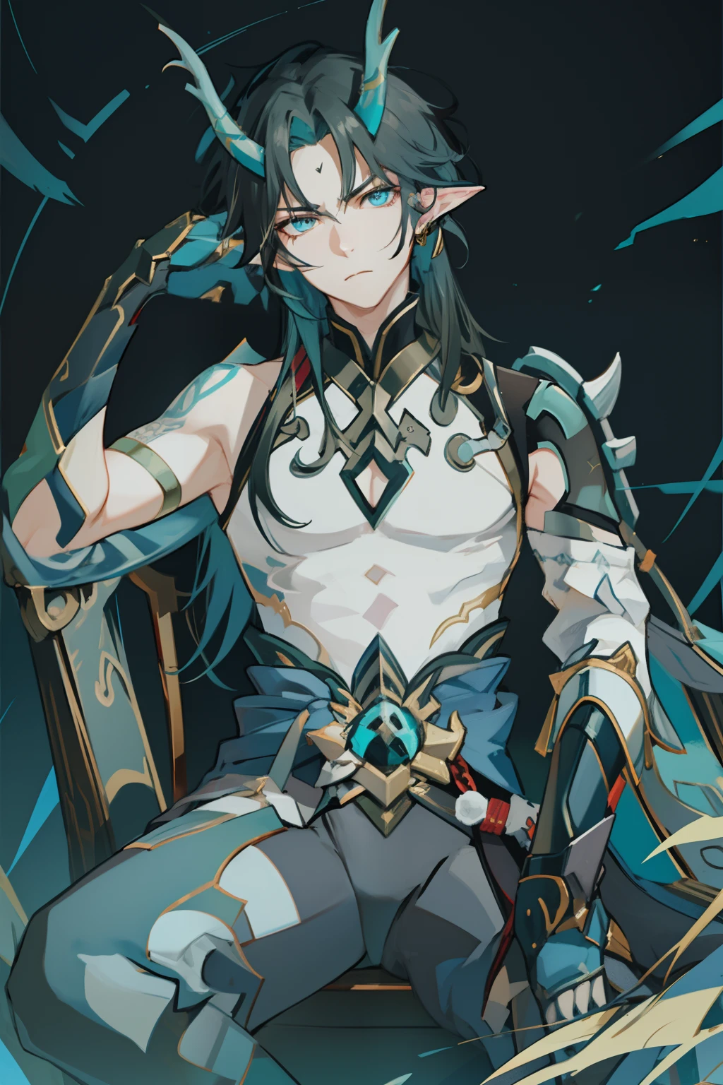 （absurderes，A high resolution，Hyper-detailing，hdr），Dragon's horn，younge boy，tmasterpiece，best qualtiy，1人，独奏，Handsome，Golden eyes，Fine eyes and detailed face，toppless，Tattooed with，arma，seated on a throne，Indifferent and arrogant，Abs，chest muscle，Raised sexy，Ruffian，Show your temperament，Male，masculine appeal，Male characteristics are distinct，Long messy hair，Arrogant，self-assured，Sitting majestically on the throne，Pondering，Legs crossed，white pantie，supreme，Lazy，Handsome，