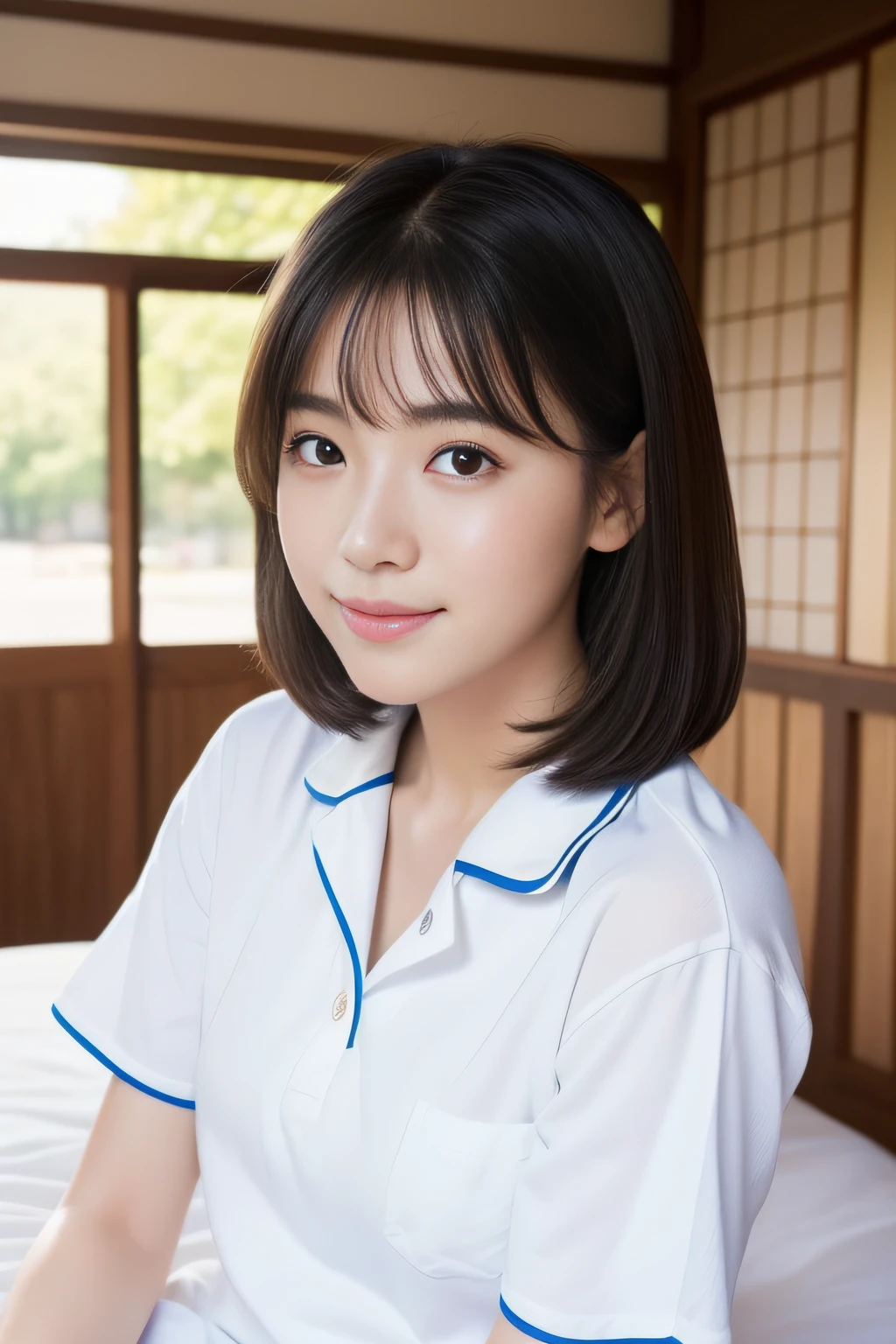 (great masterpiece、hightquality、high-level image quality)、((Beautiful and cute:1.5、A Japanese Lady、Sexy Idol、Mature cuteness、Sense of cleanliness、pure、affectionate))、、(Perfect and correct anatomy、plump and beautiful limbs、Healthy body),(wretched、bobhair、Black eyes)、Perfect body、It's kind of amazing、Has an aura、blissful、cool summer、Comfortable and relaxing summer、sunlights、school classrooms、Summer Student Uniforms、(Professionally taken photos, Successful works、intimacy)、Piece of art、