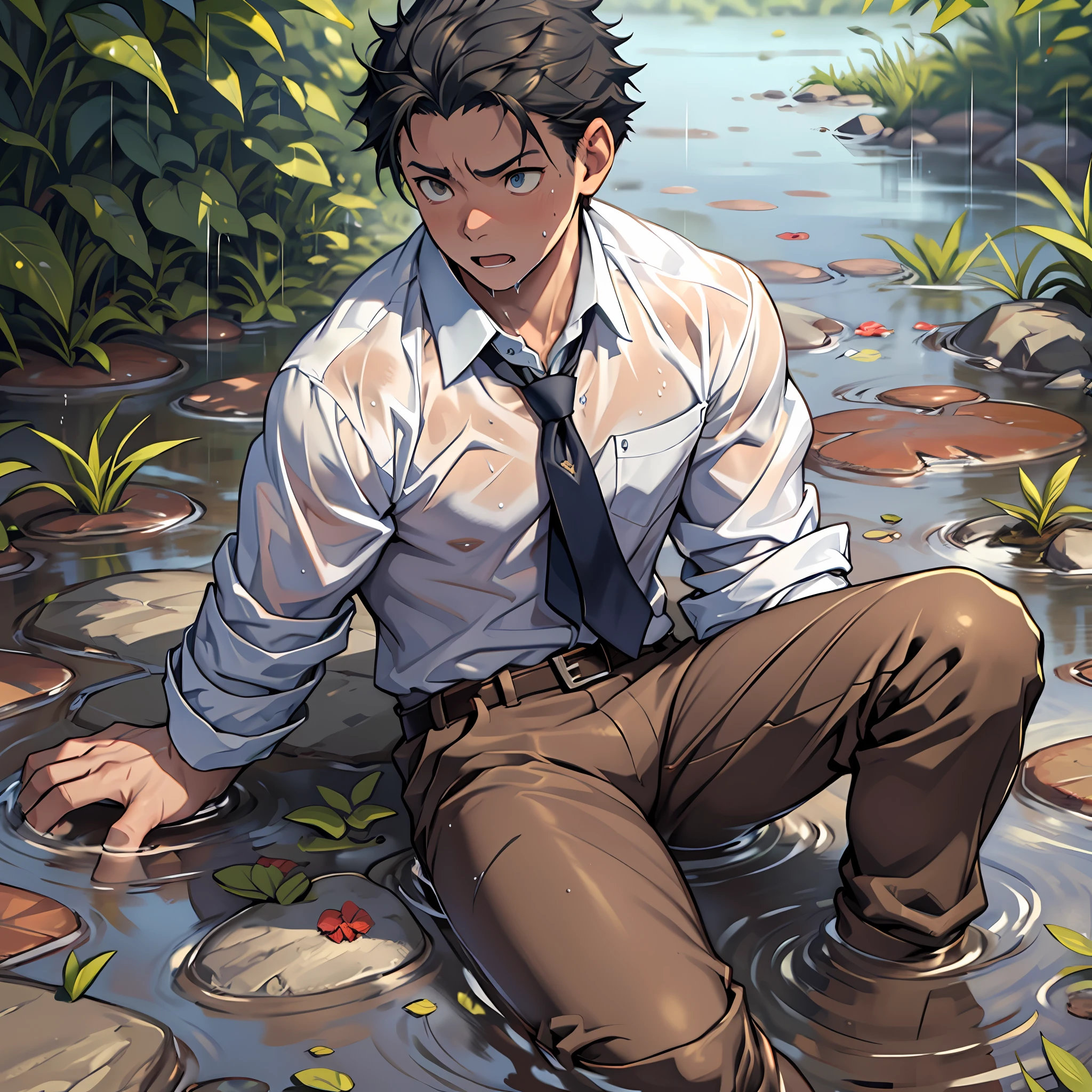 （1 Adult male），A high resolution， Sharp focus， Pixiv masterpiece， （（Complicated details））， highly  detailed， natsuki_subaru， 1 man，Lying in the mud， Nervous，full bodyesbian， Golden eyes（eyes glowing）， Short blue hair，white  shirt，Wear a tie，Wear a belt，perspire，rain，Drenched，Sweaty crotch，Urine flows from the crotch，pissing，Pee on the legs，Urine clumsily runs down the thighs，Lie down，legs separated，Pants are wet，Wet diapers，exhilarated，is shocked，panicking，worry，A small puddle of your own urine forms under your feet