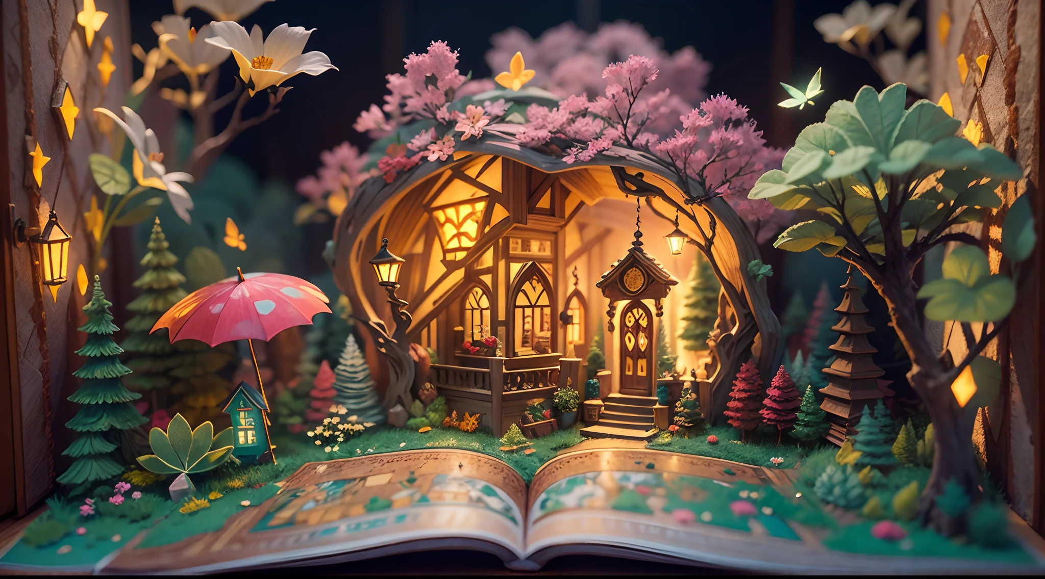 （popup book：1.5），（a fairy world），（plethora of colors，Best quality，detail detail，tmasterpiece，folk art，Cinematic lighting effects，4K，Chiaroscuro）