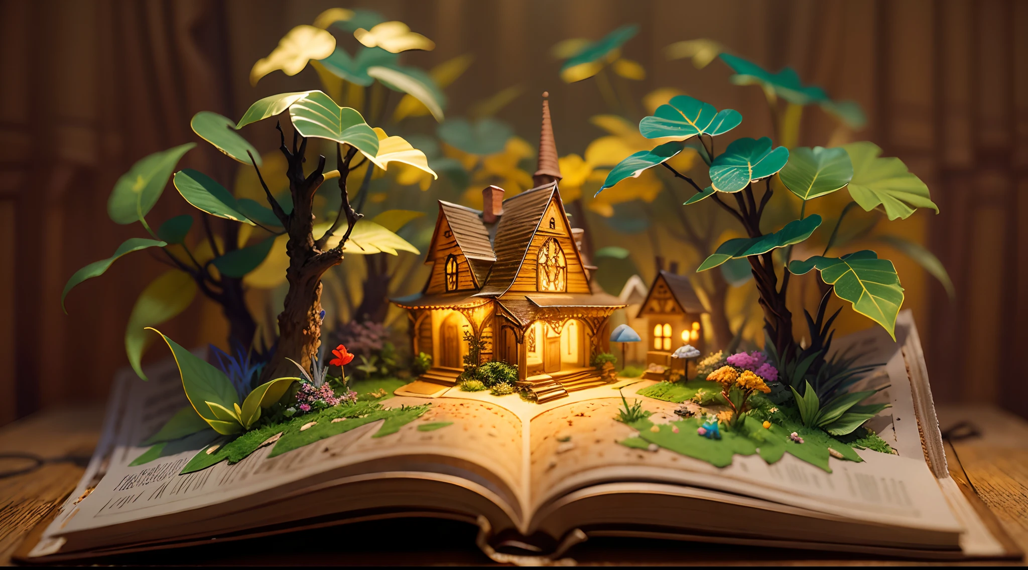 （popup book：1.5），（a fairy world），（plethora of colors，Best quality，detail detail，tmasterpiece，folk art，Cinematic lighting effects，4K，Chiaroscuro）