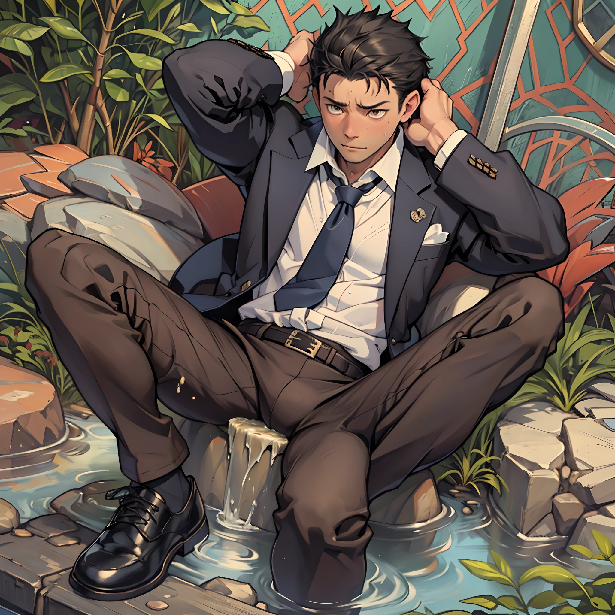A3R1, Hector Fey ，Multi-view upper body， Suit pants view，legs separated，A3R1,pissing，Pee yourself，His own urine ran down his thighs，perfect male figure， Aerith Gainsborough ,The suit pants are wet，Urine runs down the leg of the trouser，Yellow eyes，sit astride，legs separated，Can't hold back urine，wants to pee，Wear a tie，wearing leather belt，Long Sleeve White Shirt，（The shirt is soaked），Black hair short hair，perspire，Black suit trousers，dress shoes，Nervously bow your head，is shy，embarressed，exhilarated，is shocked，panicking，worry，exteriors，On dry ground， A small puddle of his own urine formed around his feet，legs are open，Very eager to pee，Unbearable，Can't help but pee，Urine flows from the crotch to the legs，Incontinence，It's uncomfortable，Very anxious，Sweat runs from the crotch，Wet yourself，urinating，high detal，hentail realism，ultra-realistic realism，three sided view， A masterpiece of careful planning，A high resolution， hyper HD ，anatomy correct，super detailing，best qualtiy，A high resolution，8K