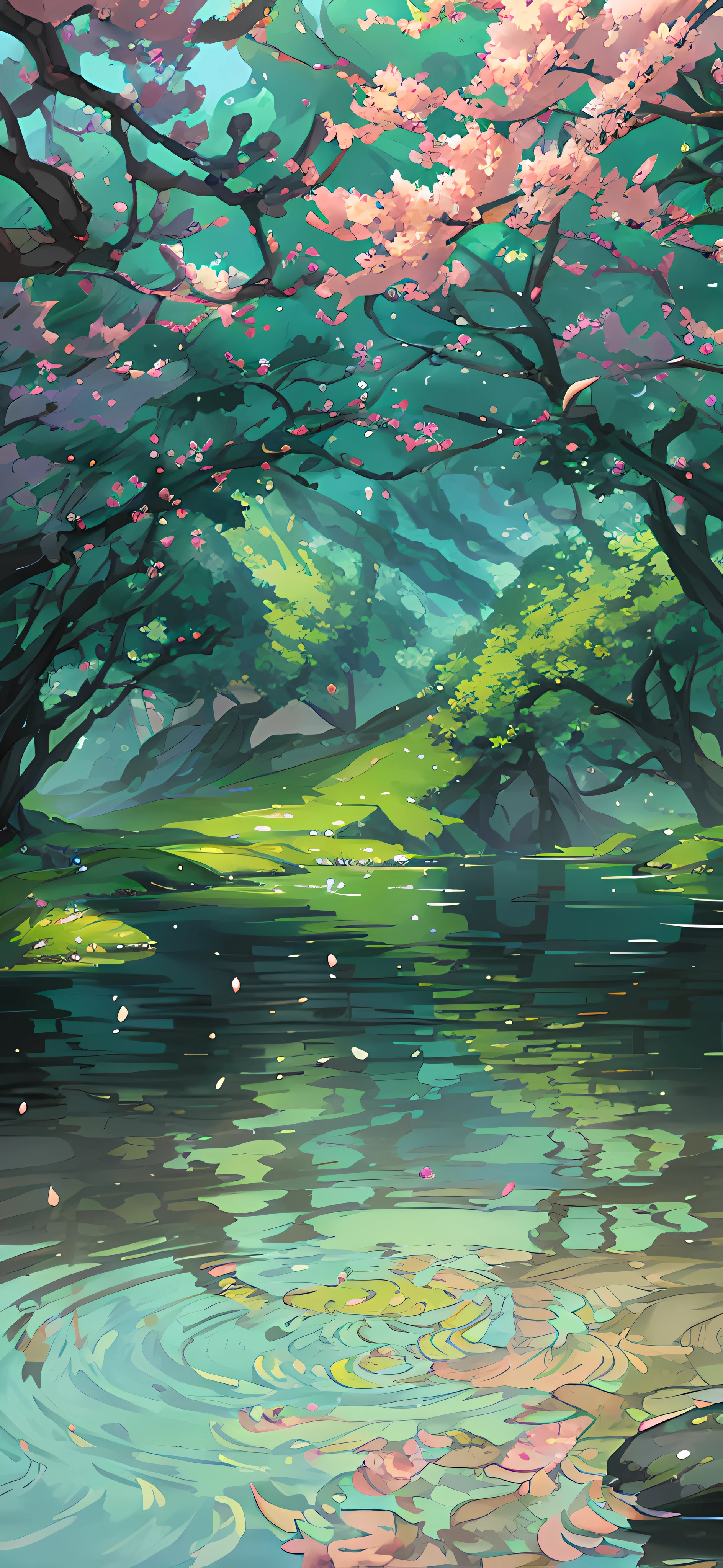 Chinese ancient times, spring, jungle, lake, cave, waterfall, tree, meadow, rock, deer, hot spring, water vapor, (illustration: 1.0), epic composition, realistic lighting, HD details, masterpiece, best quality, (very detailed CG unified 8k wallpaper)