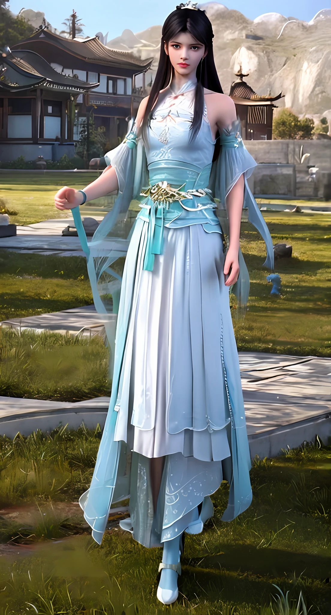 Araki in a blue and white dress stands on the grass, full-body xianxia, Inspired by Lan Ying, Inspired by Qiu Ying, inspired by Du Qiong, inspired by Li Mei-shu, Inspired by Li Tang, inspired by Leng Mei, Palace ， A girl in Hanfu, Chinese costume, heise jinyao