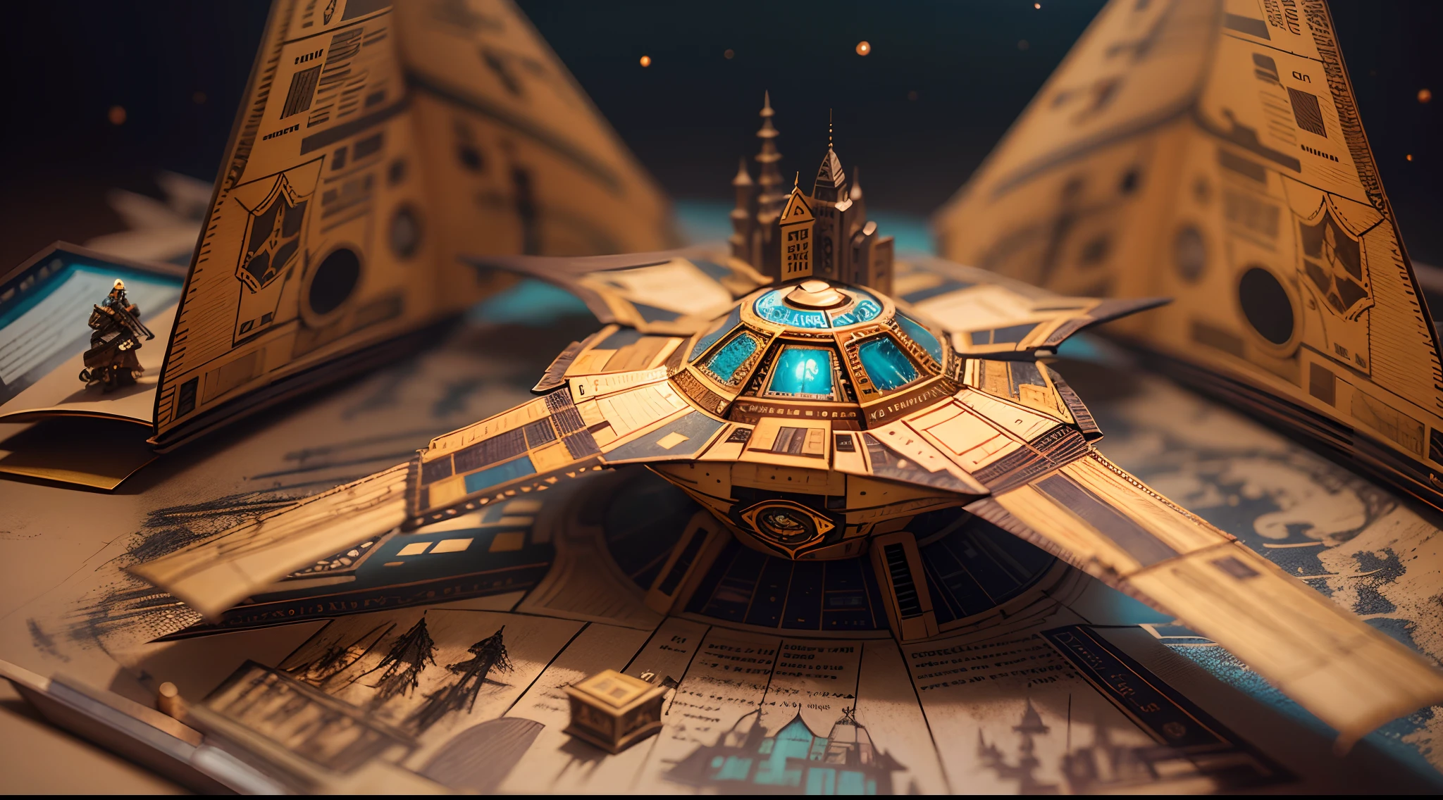 （popup book：1.5），（space ship），（plethora of colors，Best quality，detail detail，tmasterpiece，folk art，Cinematic lighting effects，4K，Chiaroscuro）