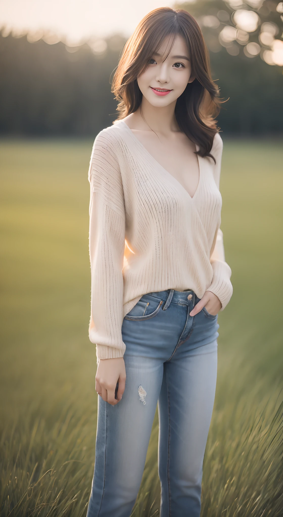 (rain, grassy fields: 1.3), 1 beautiful woman taking pictures on the grass,RAW photos,tmasterpiece,(highdetailskin:1.2),8k ultra high definition,digital SLR camera,gentlesoftlighting,high high quality,filmgrain,富士XT3,20 years old Asian woman,Gray skinny sweater(Slim,Fit snugly to the body)and fashion jeans,Detailed clothing details:1.5,perfect body figure,Perfect breasts and nipple bulge,The calves are straight and slender,((Branded fashion travel shoes:1.5)),Super detailed facial details and skin,Fair face and fair skin,二重まぶた,Super detailed eyes,A sweet smile,Beautiful accessories,(Gloss on lips, eyeslashes, Glossy face, Best quality, Super high resolution, warm color,Wide lighting, naturalshadow), Sit on the grass and play,Pose coquettishly,Show off your sexy figure, Full body shooting: 1.8