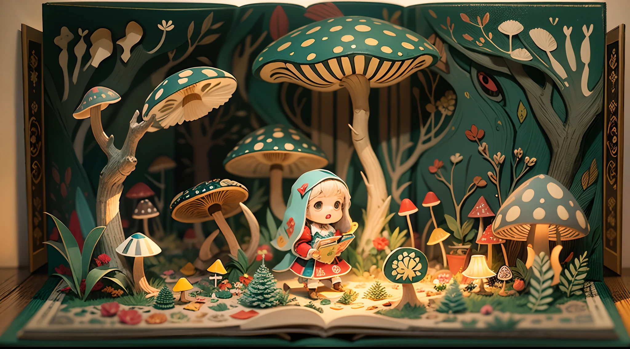 (popup book:1.5),(Little girl picking mushrooms),(plethora of colors,Best quality,detail detail,tmasterpiece,folk art,Cinematic lighting effects,4K,Chiaroscuro)