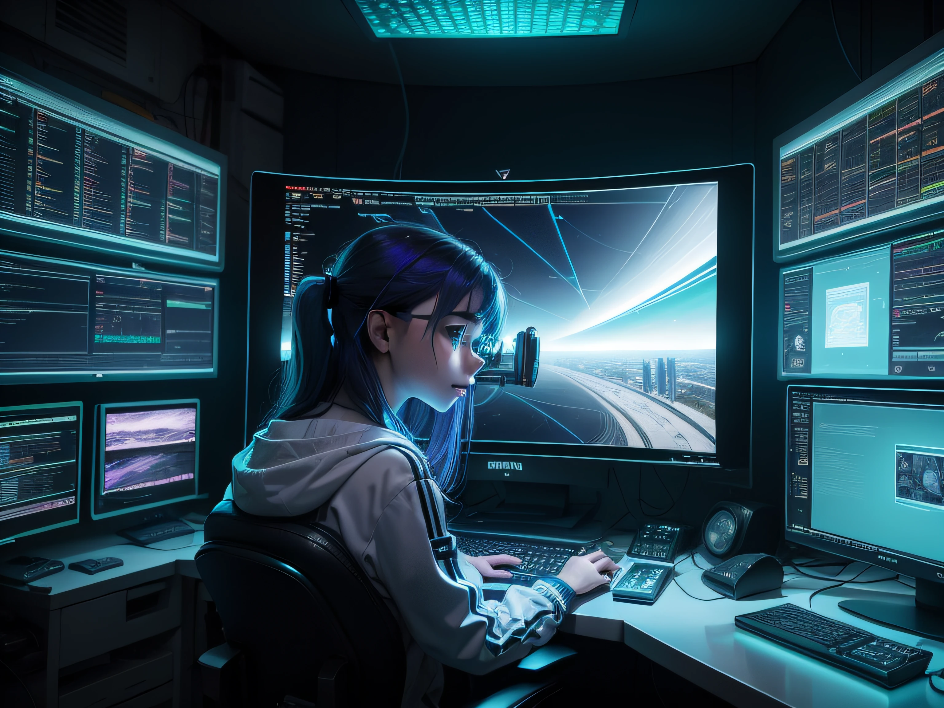 Una chica joven, -yeld wo in his home lab surrounded by holographic screens and cables , por la ventana se ve una ciudad futurista y distopica creada con tonos azules, violetas y verdes.