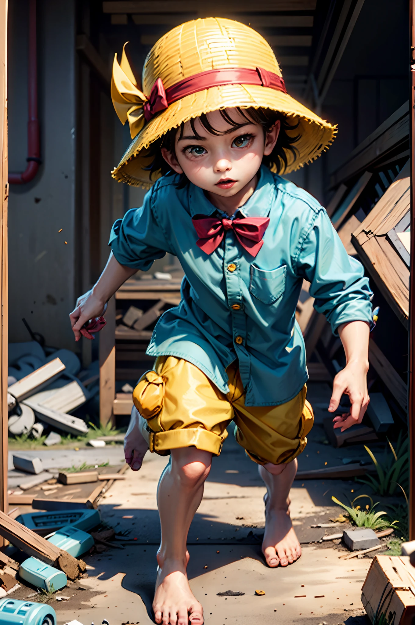 Boy in big yellow hat and red bow tie:1.3, Wearing a light blue shirt with yellow buttons:1.4、Wandering Boy in Ruins、character with a hat, cartoon image, Yellow shorts:1.6, Male , Cute:2,