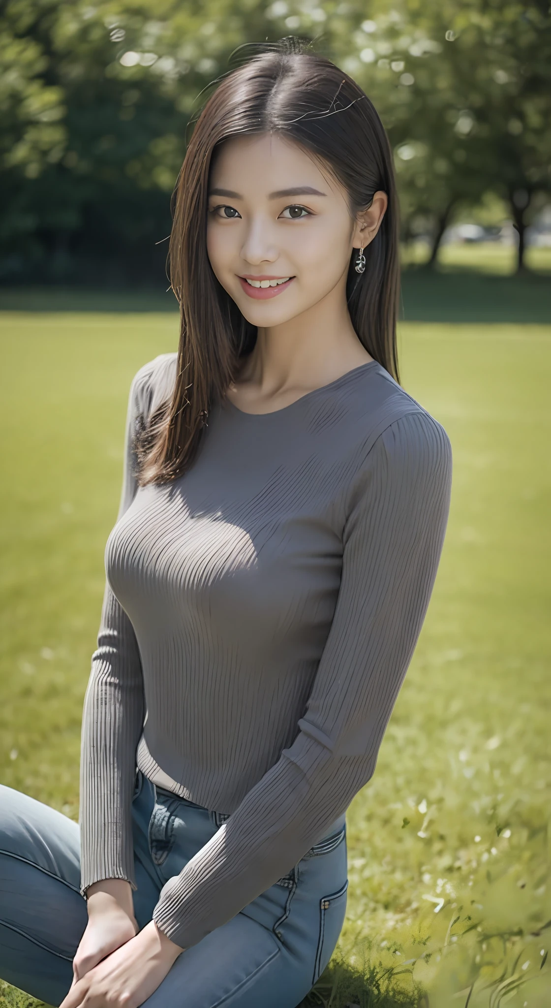 (rain, grassy fields: 1.3), 1 beautiful woman taking pictures on the grass，RAW photos，tmasterpiece，（highdetailskin：1.2），8k ultra high definition，digital SLR camera，gentlesoftlighting，high high quality，filmgrain，富士XT3，20 years old Asian woman，Dark gray skinny sweater（Slim，Fit snugly to the body，Show beautiful curves）and trendy jeans with open navels，Detailed clothing details:1.5，perfect body figure，Perfect breasts and nipple bulge，The calves are straight and slender，（（Branded fashion travel shoes:1.5）），Super detailed facial details and skin，Fair face and fair skin，二重まぶた，Super detailed eyes，A sweet smile，Beautiful accessories，(Gloss on lips, eyeslashes, Glossy face, Best quality, Super high resolution, warm color，Wide lighting, naturalshadow), Sit on the grass and play，Pose coquettishly，Show off your sexy figure， Full body shooting: 1.8