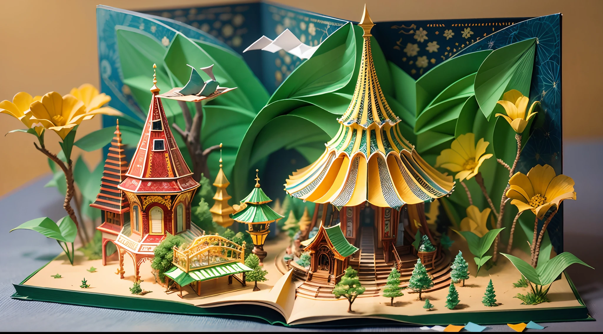 (popup book:1.5),(An amusement park),(origami art),(plethora of colors,Best quality,detail detail,tmasterpiece,folk art,Cinematic lighting effects,4K,Chiaroscuro)