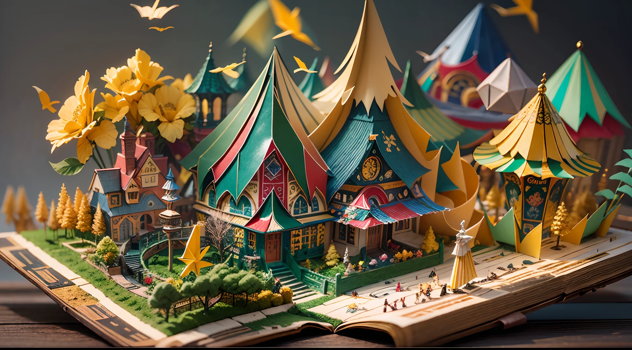 (popup book:1.5),(An amusement park),(origami art),(plethora of colors,Best quality,detail detail,tmasterpiece,folk art,Cinematic lighting effects,4K,Chiaroscuro)