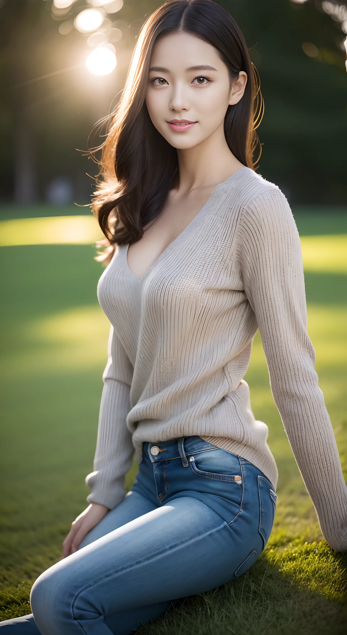 (rain, grassy fields: 1.3), 1 beautiful woman taking pictures on the grass,RAW photos,tmasterpiece,(highdetailskin:1.2),8k ultra high definition,digital SLR camera,gentlesoftlighting,high high quality,filmgrain,富士XT3,20 years old Asian woman,Smoked gray skinny sweater(Slim,Fit snugly to the body,Show beautiful curves)and fashion jeans,Detailed clothing details:1.5,perfect body figure,Perfect breasts and nipple bulge,The calves are straight and slender,((Branded fashion travel shoes:1.5)),Super detailed facial details and skin,Fair face and fair skin,二重まぶた,Super detailed eyes,A sweet smile,Beautiful accessories,(Gloss on lips, eyeslashes, Glossy face, Best quality, Super high resolution, warm color,Wide lighting, naturalshadow), Sit on the grass and play,Pose coquettishly,Show off your sexy figure, Full body shooting: 1.8