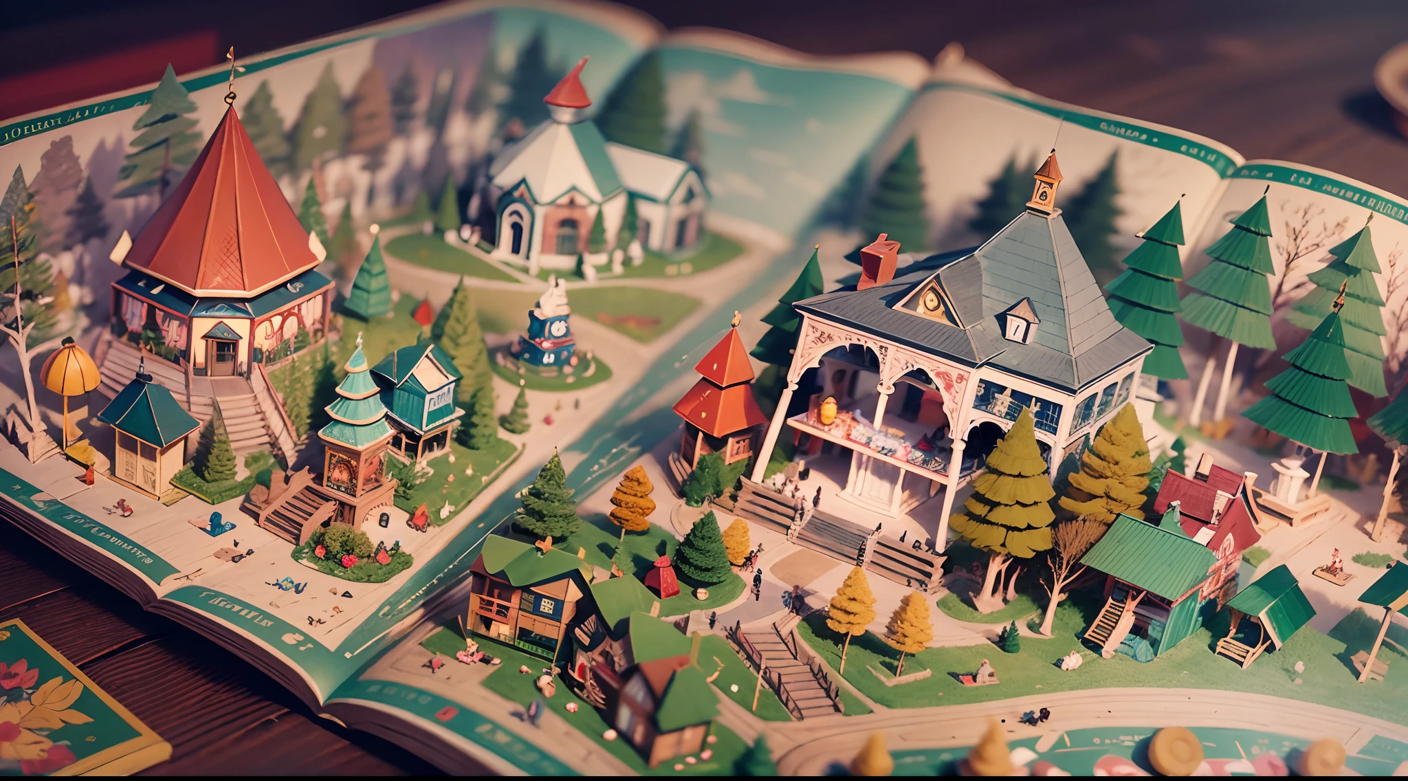 (popup book:1.5),(An amusement park),(Little Red Riding Hood and Grandma Wolf),(plethora of colors,Best quality,detail detail,tmasterpiece,folk art,Cinematic lighting effects,4K,Chiaroscuro)