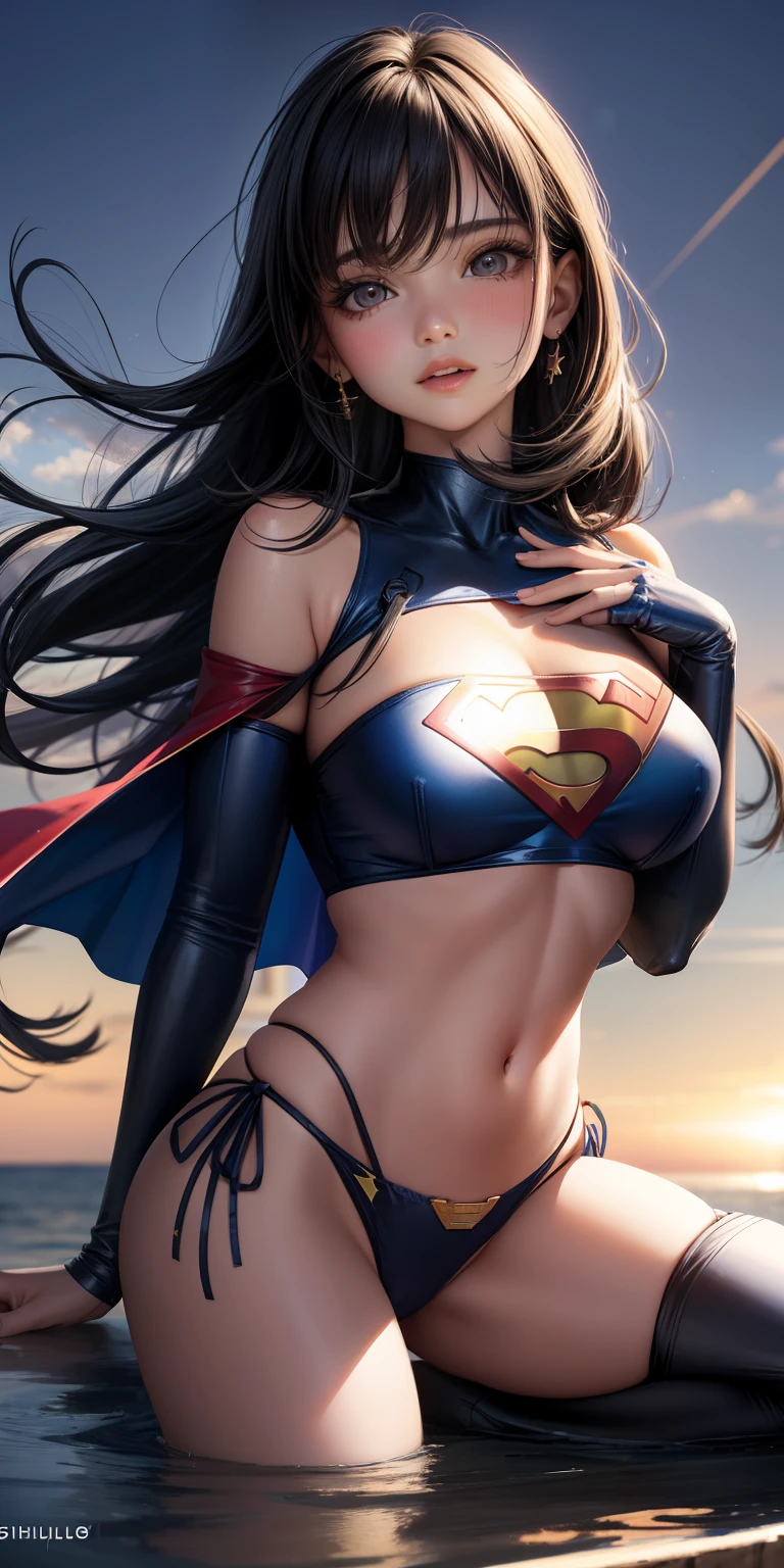 realista, 1girl, cabelo loiro, olhos azuis, olhos brilhantes, top cropped, saia, half-open lips, blush, noite, flores, sol, luz solar, wearing superman's S symbol on his chest.