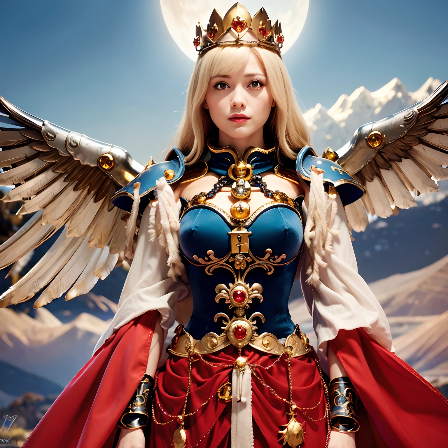 (masutepiece), Professional , masterpiece、top-quality、photos realistic , depth of fields (Gemstone Silver Metal Body:1.9),(Matte White、Jewel Gold Weapon、(Flying in the sky),Gorgeous metal weapons,(Detailed and realistic angel white wings) , Detailed Sword of the Brave , Beautiful knife 、delicated face、20 years girl ,warhammer 40k , adepta sororitas,Detail and ornate jewel crown、a blond、(Gangle's forest background)、Beautiful Caucasian beauty、1a person、dynamic ungle,(((Detailed and ornate diamond crown)))、Smaller head、A smile、Powerful poses、(Gorgeous castle background)、Beautiful thin fingers of a woman、Seductive look、