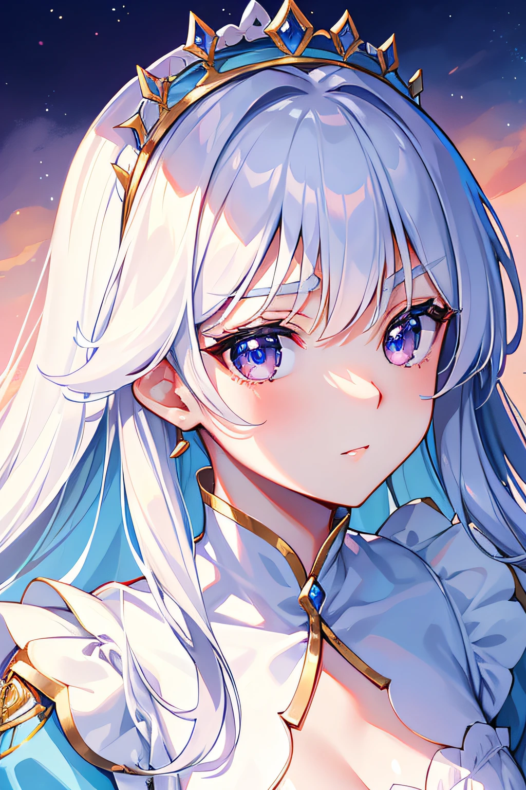 A princess,noble,Has a beautiful face,Fair and smooth skin。Her eyes were large and bright,It reveals a glow of intelligence and wit。Her eyebrows are slender and powerful,Gently upward,It adds a soft temperament to her facial features。