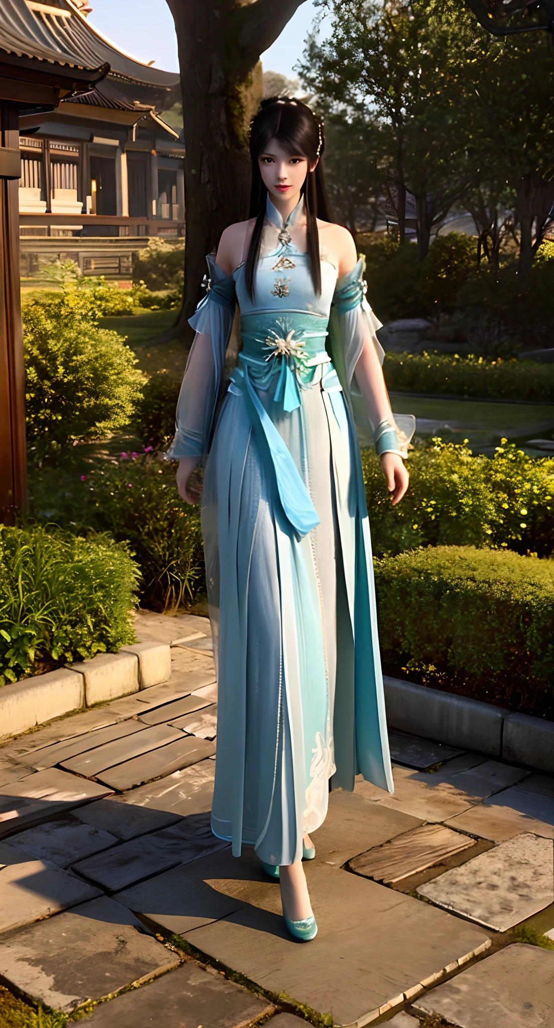 Araki in a blue and white dress stands on the grass, full-body xianxia, Inspired by Lan Ying, Inspired by Qiu Ying, inspired by Du Qiong, inspired by Li Mei-shu, Inspired by Li Tang, inspired by Leng Mei, Palace ， A girl in Hanfu, Chinese costume, heise jinyao