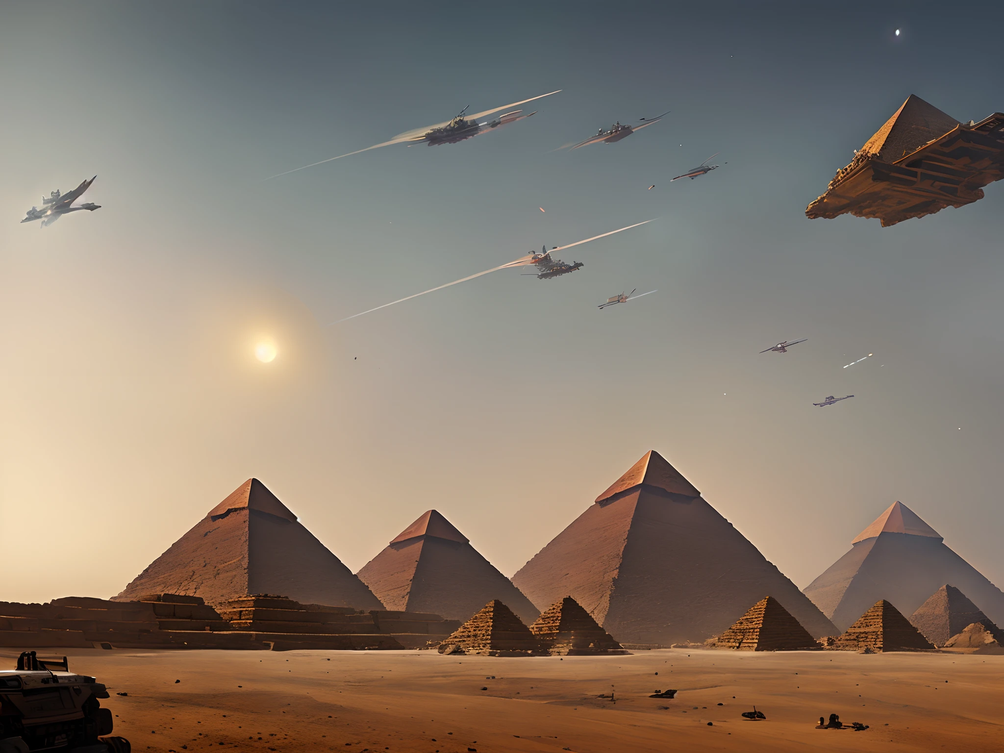 Egyptian pyramids taking off with thrusters at their base,greg rutkowski