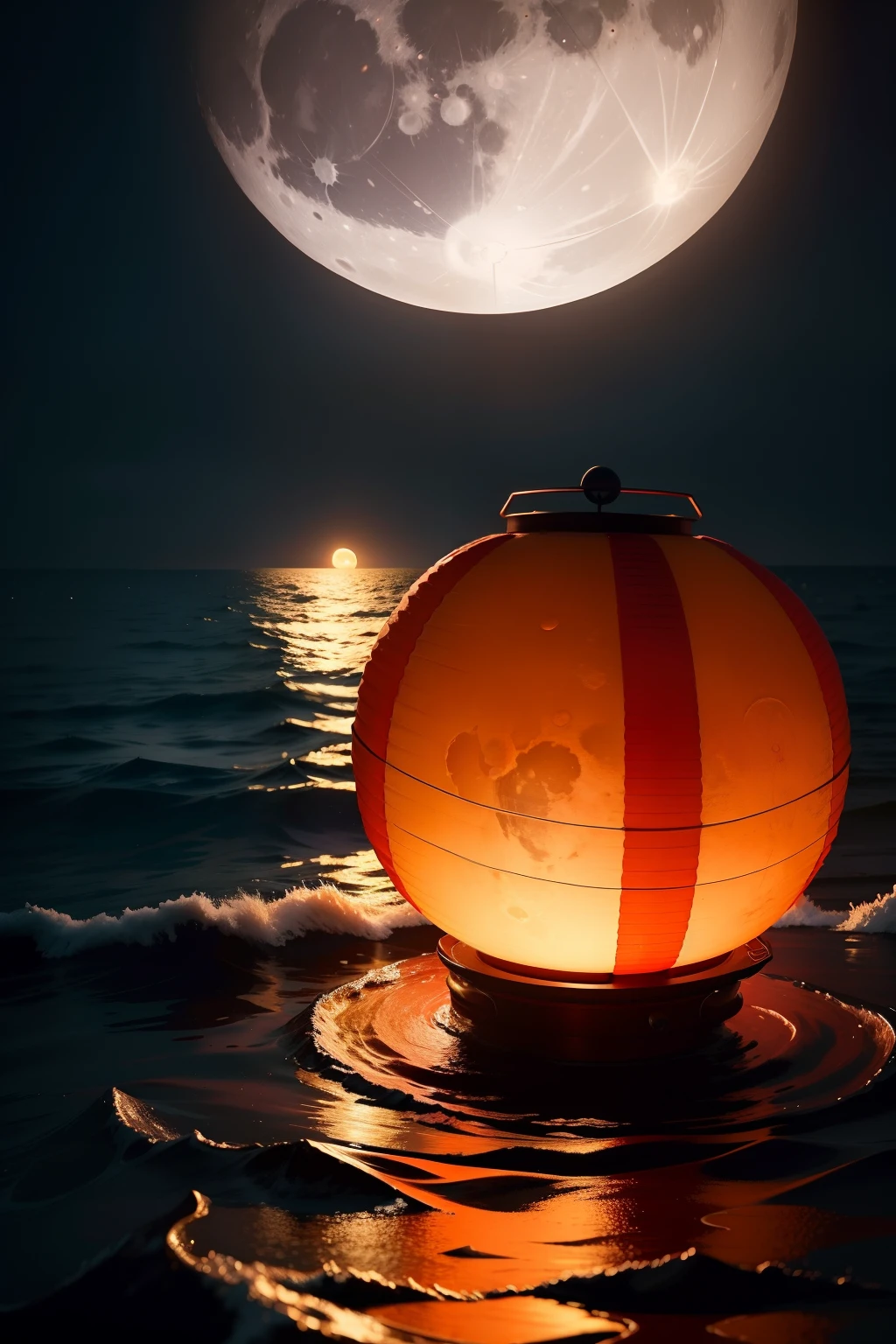 There is a full moon on the sea,In the distance is a red Kong Ming lantern,There is a reflection of the moon reflected on the surface of the sea。