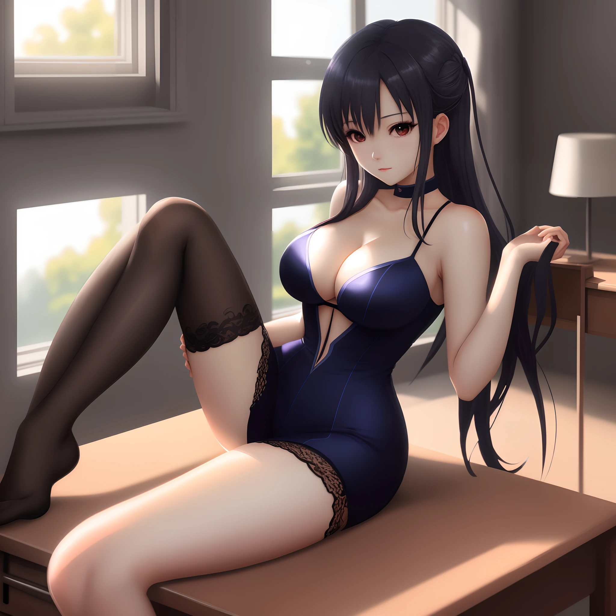 8k wallpaper,High Picture Quality,high high quality,The picture is delicate,Anime character Li Shiya,Pure lust beauty,blackstockings,seductiv,beautifullegs,Shy,High value,Stretch your legs,sittinng on the desk,By the window,Prominent chest size,beauty breast,Good looking suitable light and shadow,Suitable background