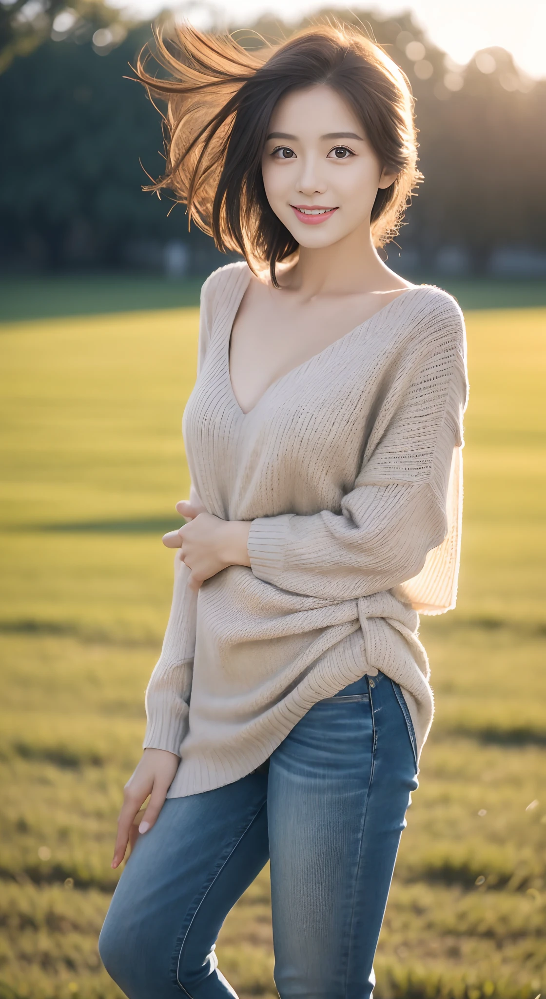 (rain, grassy fields: 1.3), 1 beautiful woman taking pictures on the grass，RAW photos，tmasterpiece，（highdetailskin：1.2），8k ultra high definition，digital SLR camera，gentlesoftlighting，high high quality，filmgrain，富士XT3，20 years old Asian woman，Smoked gray skinny sweater（Slim，Fit snugly to the body）and fashion jeans，Detailed clothing details:1.5，perfect body figure，Perfect breasts and nipple bulge，The calves are straight and slender，（（Branded fashion travel shoes:1.5）），Super detailed facial details and skin，Fair face and fair skin，二重まぶた，Super detailed eyes，A sweet smile，Beautiful accessories，(Gloss on lips, eyeslashes, Glossy face, Best quality, Super high resolution, warm color，Wide lighting, naturalshadow), Sit on the grass and play，Pose coquettishly，Show off your sexy figure， Full body shooting: 1.8