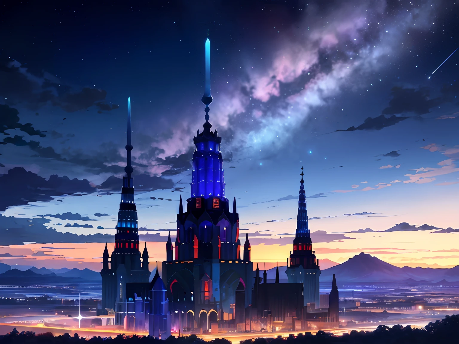 towers of god, blue towers, violet, blue, red, god, red sky, violet sky, starry sky, stars, starry towers, starry god, light blue, civilization, order, apocalypse