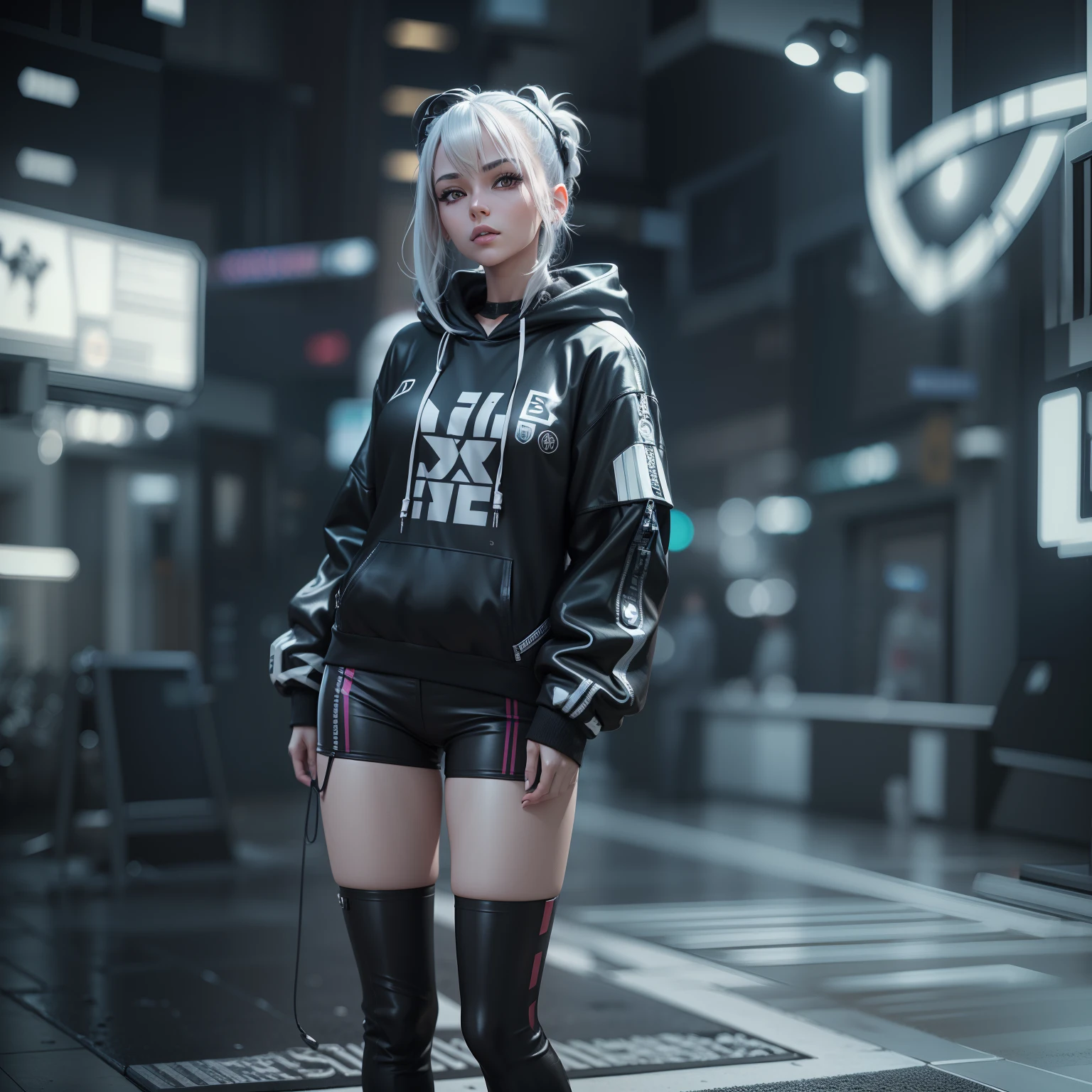 there is a woman in a black and white outfit posing, a 3D render inspired by Sakai Hōitsu, tumblr, digital art, photorealistic anime girl render, in clothes! highly detailed, cyberpunk anime girl in hoodie, realistic clothing, realistically rendered clothing, daz studio genesis iray female, iray, 3 d anime realistic