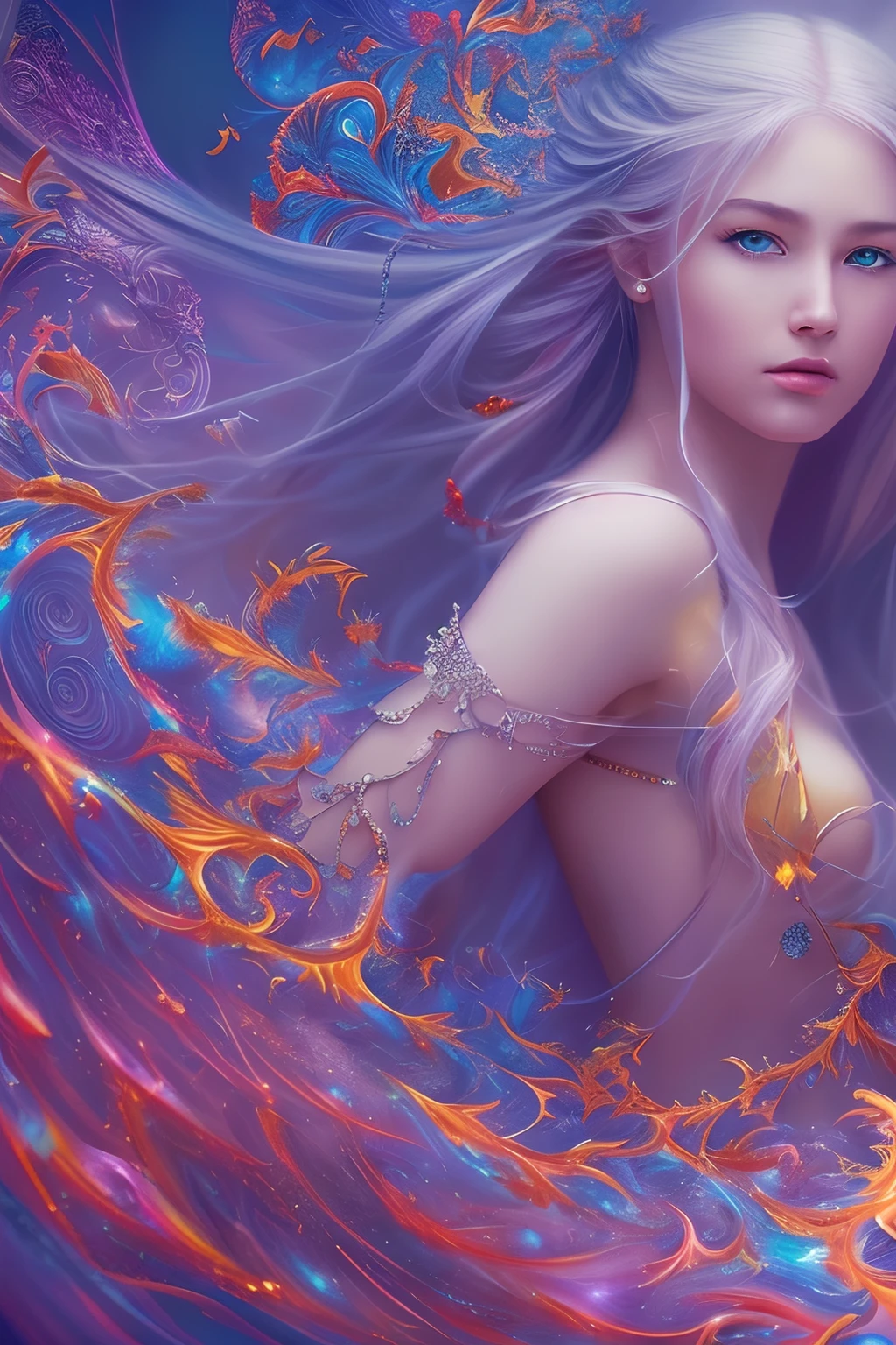 HDR10, Absurdres, full body, fractal art, hdr, (soft light, sharp:1.2), beautiful girl, ultra detailed blue eyes, entirely paint, splat, splash, long colored hair, ultra detailed texture, Water drops, outdoors, Vivid colors, Game of Thrones, Tai Chi, , Beautiful countryside scenery, (masterpiece, top quality, official art, beautiful and aesthetic:1.2), (1girl:1.2), cute, extreme detailed, (abstract:1.4, fractal art:1.3), (silver_hair:1.1), blue eyes, fate \(series\), colorful, highest detailed, (splash_art:1.2), best photo shot, realistic, full body, (hyperdetailed:1.15), from below, Conceptual art, glowing light, 16k, UHD, (Masterpiece:1.5), (best quality:1.5), best quality, textured skin, anatomically correct, 8k