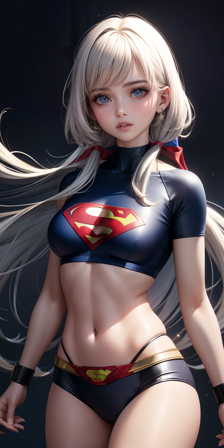 realista, 1girl, cabelo loiro, olhos azuis, olhos brilhantes, Top Cropped, Saia, half-open lips, corar, noite, flor, piso, Light Chãoar, wearing superman's S symbol on his chest.