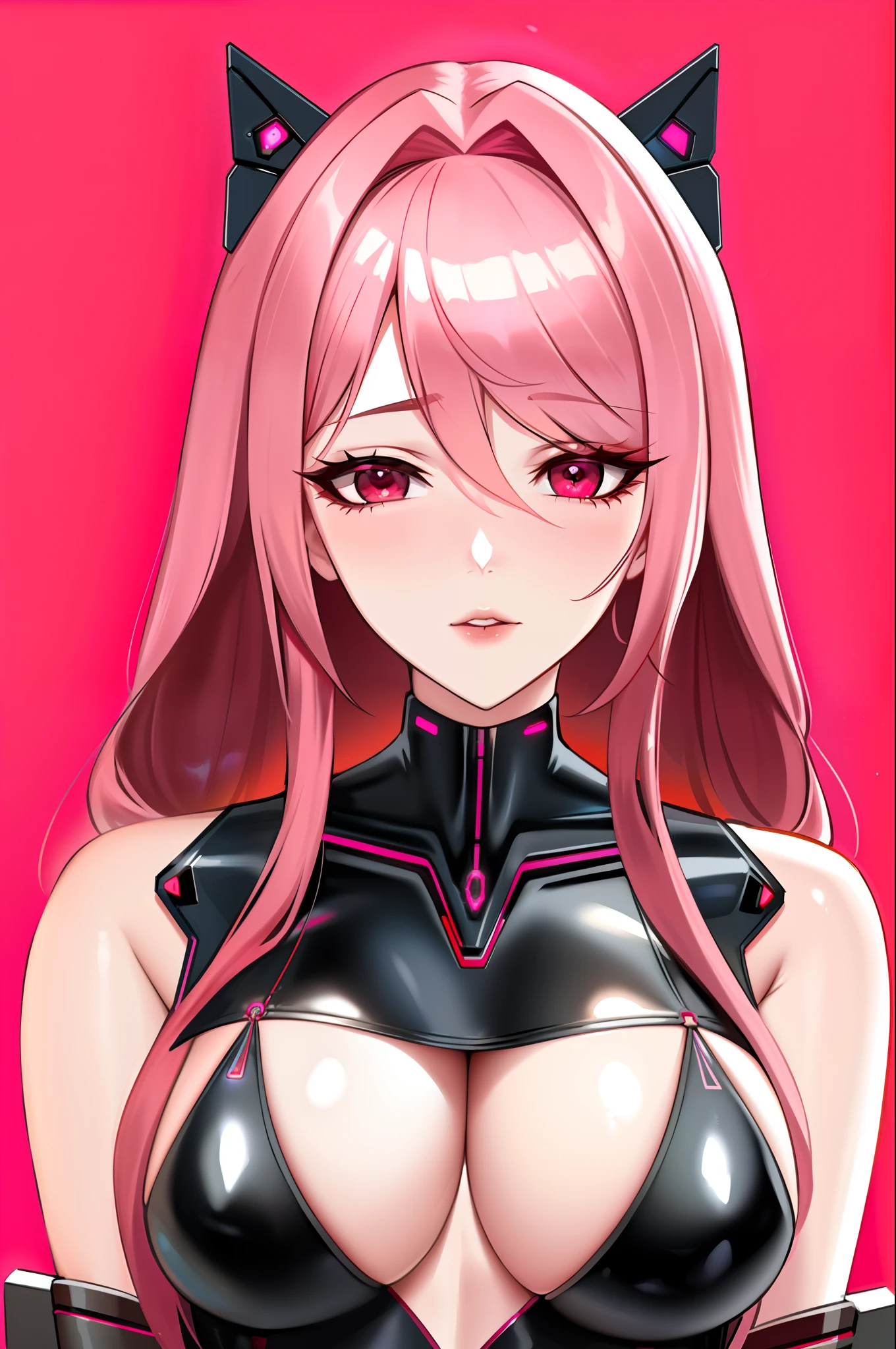 portrait of a woman in the style of pink hair, red eyes, in a futuristic leather black suit, with a red background, half body shot